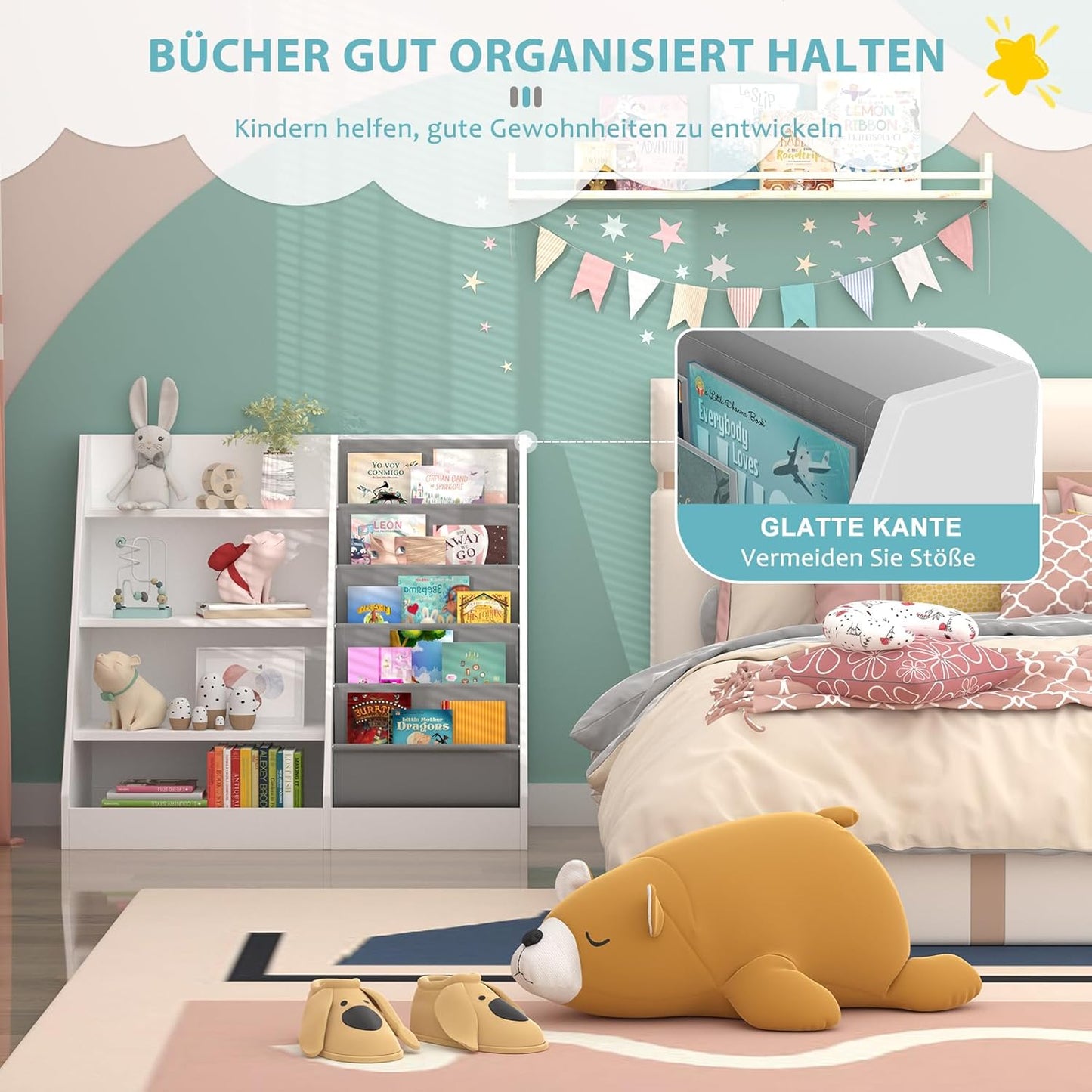 Children's Shelf, White with 5 Shelves and 4 Open Compartments, Bookcase for Children, Toy Organiser, 90 x 40 x 80 cm