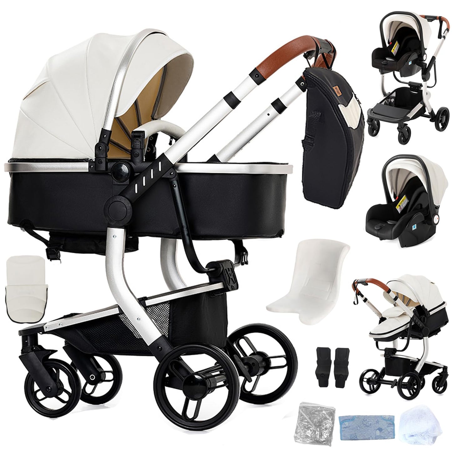 PU Leather Pushchair 3-in-1, Buggy with One-Click Folding Design, Pushchair with Two Reversible Sliding Modes, Combination Pushchair 3-in-1 Complete Set Frame Aluminium Alloy (518 Black)