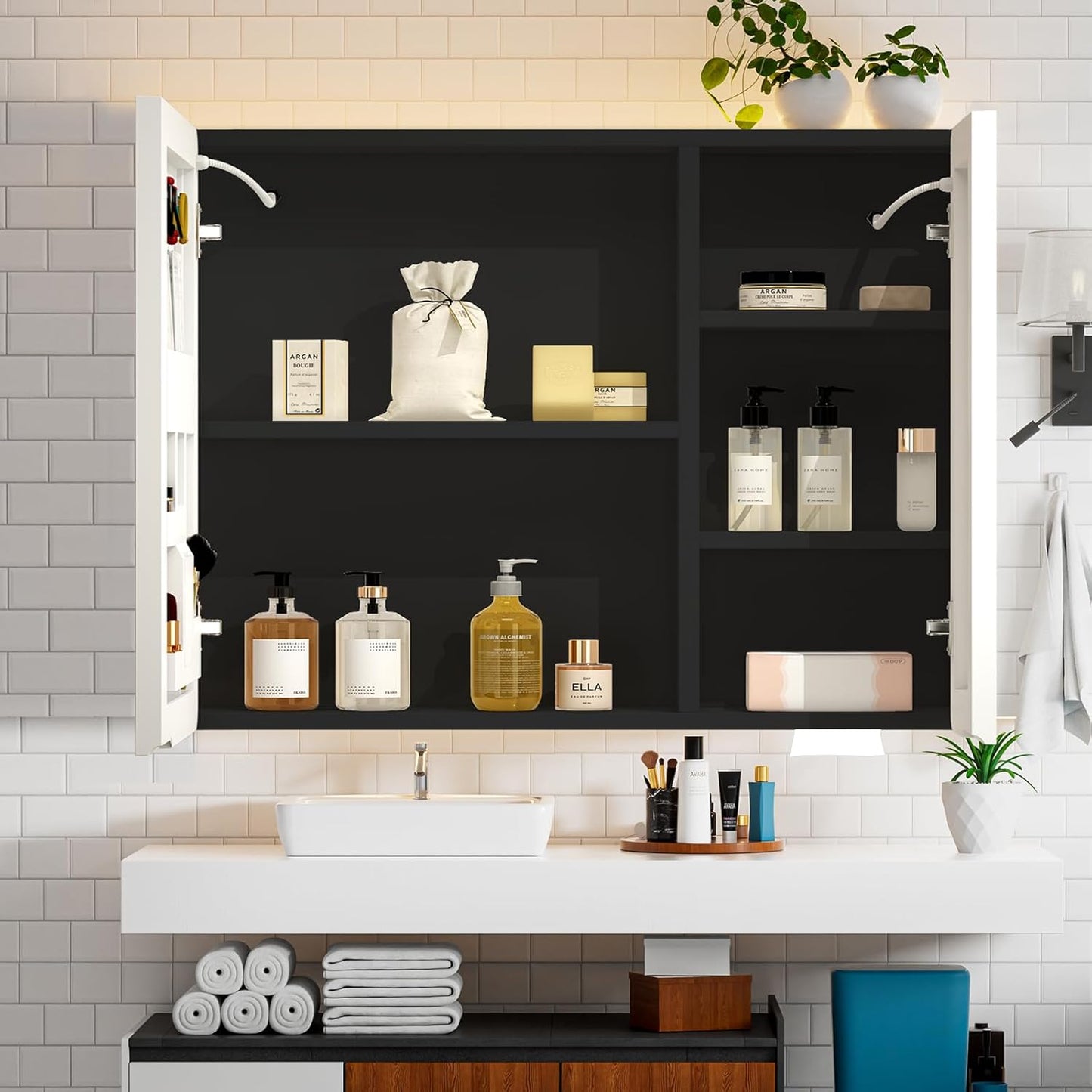 Aovquof Mirror Cabinet with Lighting - 90 x 60 cm Bathroom Mirror Cabinet with Storage Space, Bathroom Mirror Cabinet with Adjustable Dimmable LED Lights with Demist Function, Modern Cream Colour
