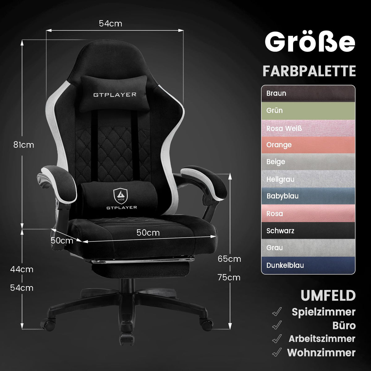 GTPLAYER Gaming Chair, Ergonomic Gaming Chair, Desk Chair with Fabric Surface, Spring Seat Cushion, Connecting Armrests and Footrest, Light Black