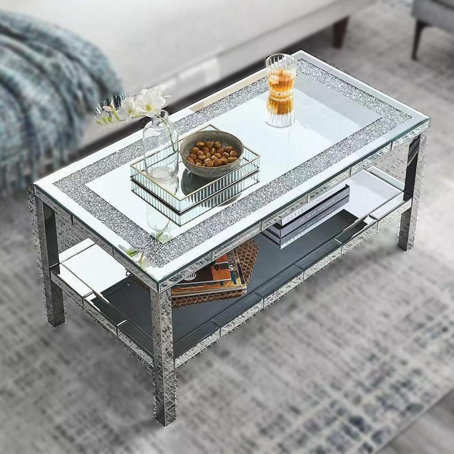 Rectangular Silver Mirrored Coffee Table for Living Room - Elegant Shiny Coffee Table with 2 Levels, Crystal Inlay and Stainless Steel Frame - Modern Cocktail Table / Side Table -