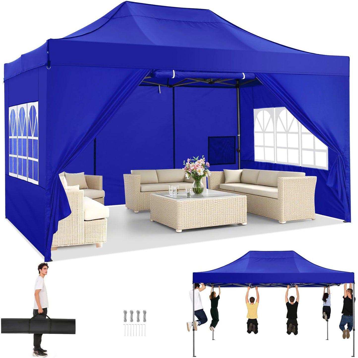 Tooluck Folding Gazebo, 3 x 4.5 m, Waterproof, Stable, Outdoor, Garden Party Tent, UV Protection 50+, with 4 Side Panels, Grey