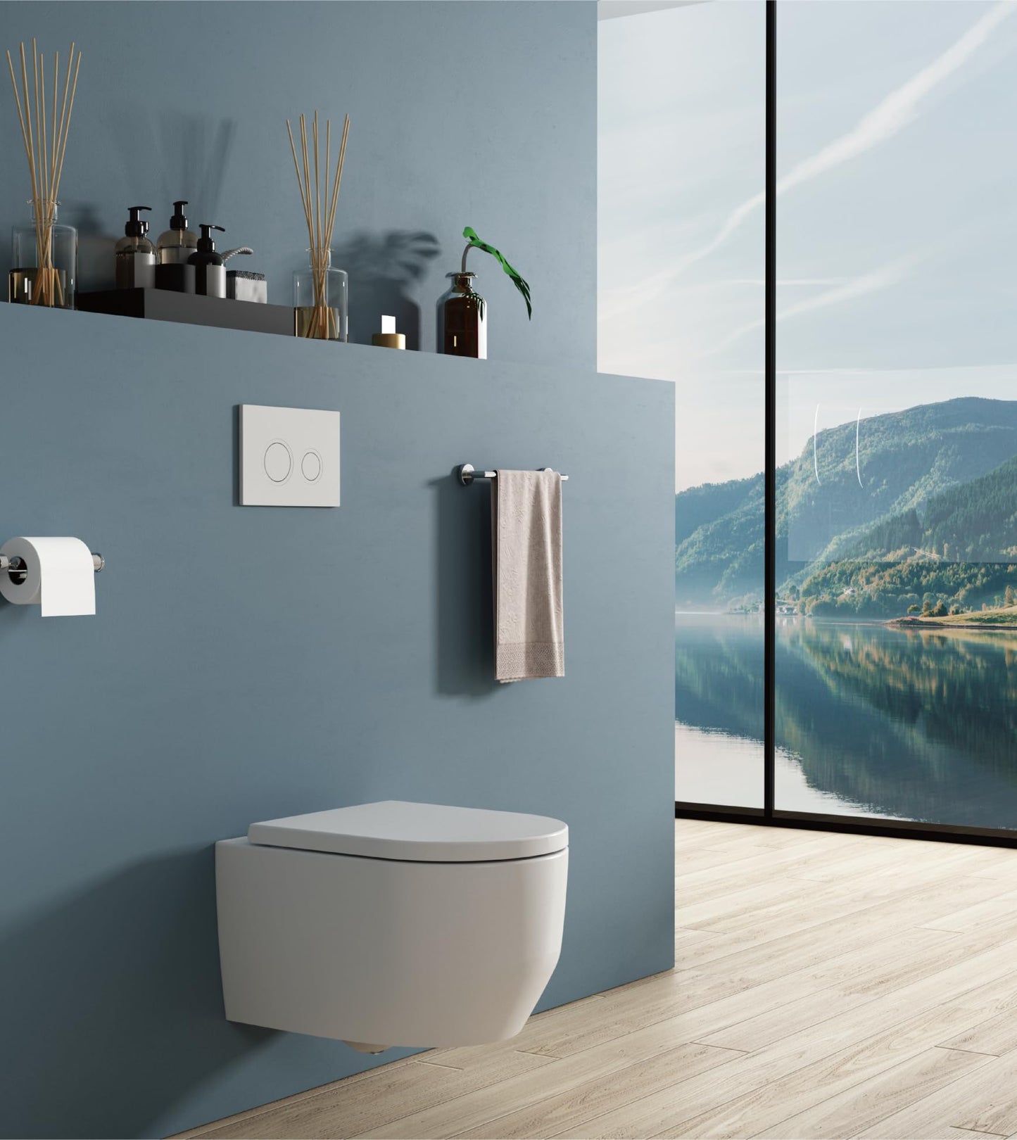 UDiseño Wall Toilet Rimless Toilet, 360° Superspin Flush Hanging Toilet, Raised Complete Set, D Shape, Low Noise Tornado Toilet Flush, UF Lid Seat with Soft-Close Mechanism, 52.5 cm Long, White