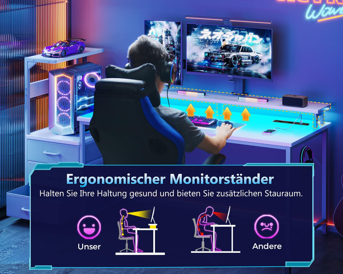 Coleshome Gaming Table with Drawers, 151 x 50 cm Gaming Desk with LED Lighting & Socket, Computer Desk with Shelves & Monitor Stand, Carbon Fibre Black