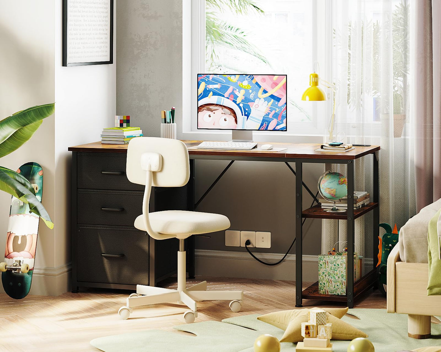 Coleshome Fabric Desk with 3 Drawers, 130 x 48 cm Computer Desk with 2 Sockets and 2 USB Charging Ports, PC Table with Shelf, Reversible Office Table for Office, Living Room, White