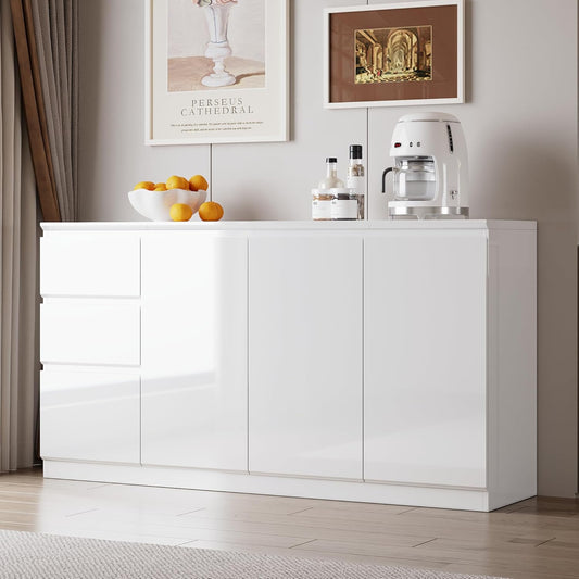 Caldion Kitchen Sideboard, Kitchen Cabinet, 3 Drawers and 3 Doors, Glossy, for Kitchen, Storage Cabinet with Doors, Entrance Area, Living Room, 155 x 40 x 83 cm, White