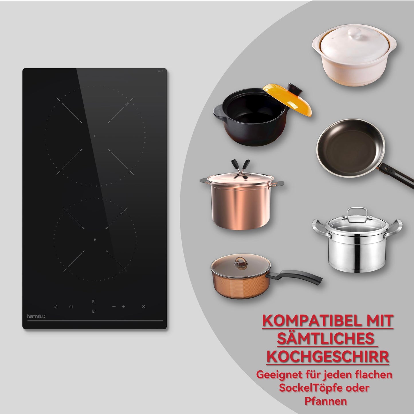Hermitlux kochfeld 28,8cm, Glaskeramik Kochfeld 2 Platten, 9 Leistungsstufen, Touch-Steuerung, Timer, Kindersicherung, Geeignet für Alle Töpfe, 3300W