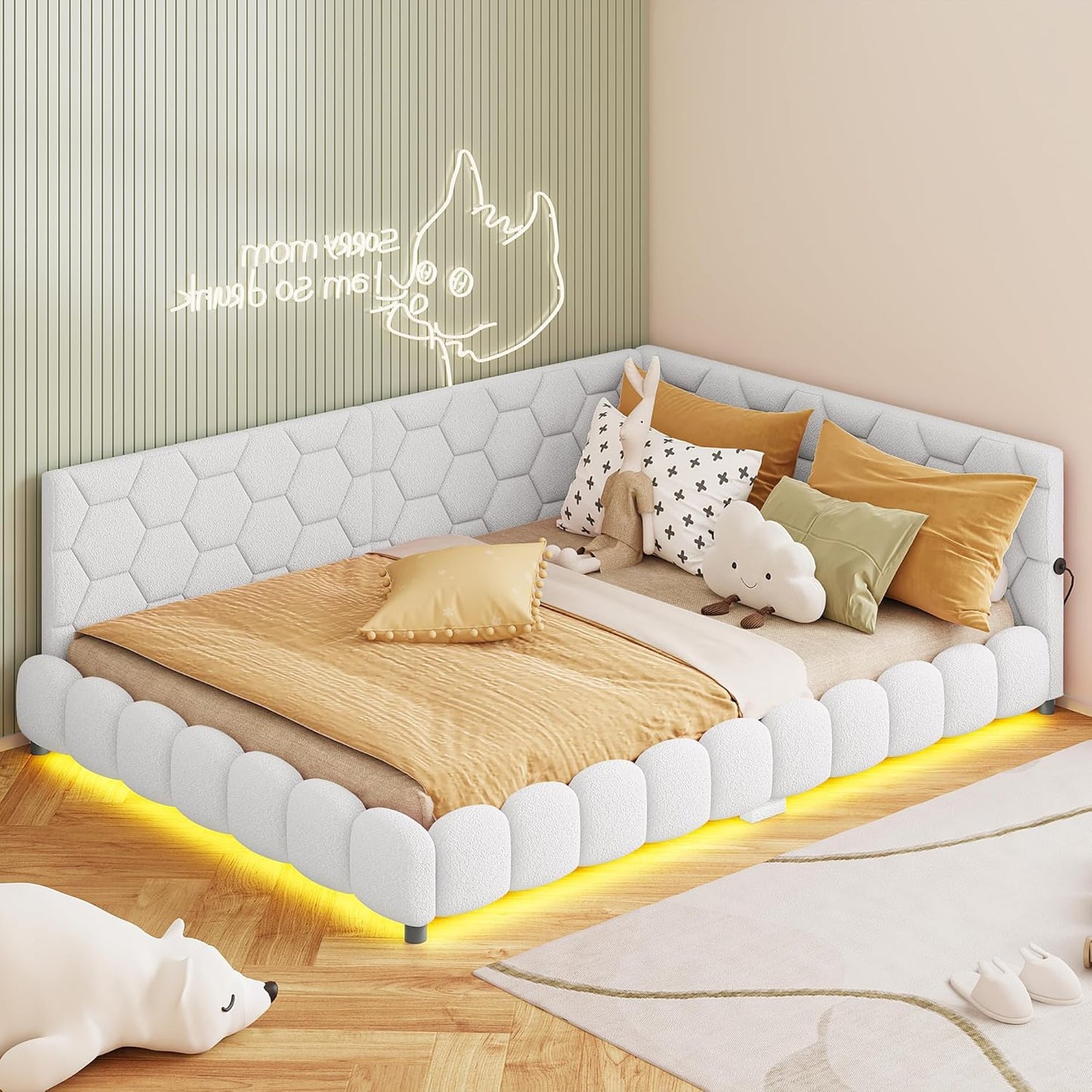 Upholstered Sofa Bed 140 x 200 cm, with Ambient Light and USB Connection, Children's Bed with Slatted Frame, Functional Bed, Teenager's Bed, Lambswool Material, Pink
