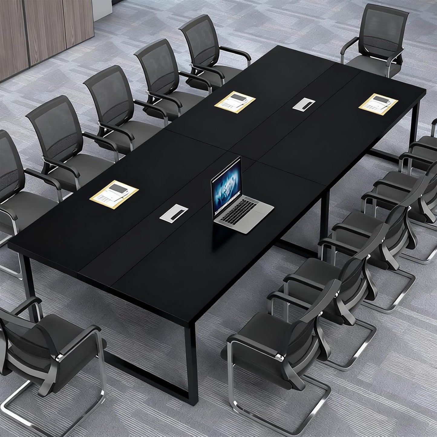 Large Conference Table, Modern Meeting Table with Cable Channel and Black Metal Frame for 8-12 People, Rectangular Seminar Table for Office, Conference Room