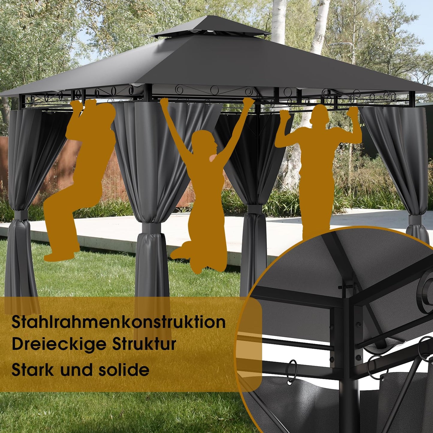 Gazebo 3 x 3 Waterproof Stable Winterproof, Garden Gazebo, Tarpaulin, Garden Gazebo, Metal Frame Gazebo, Grey