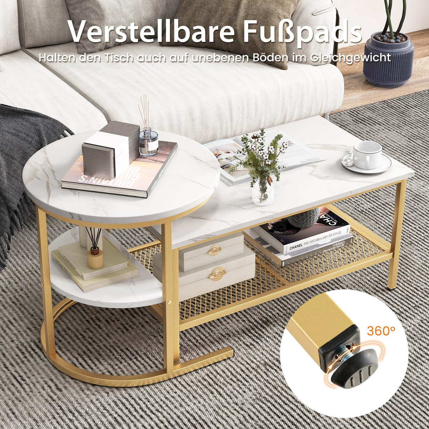 COSTWAY Set of 2 Coffee Tables, Side Tables, Marble Look with Metal Frame and Shelf, Coffee Table, Living Room Table, Sofa Table for Living Room, Bedroom (White + Golden)