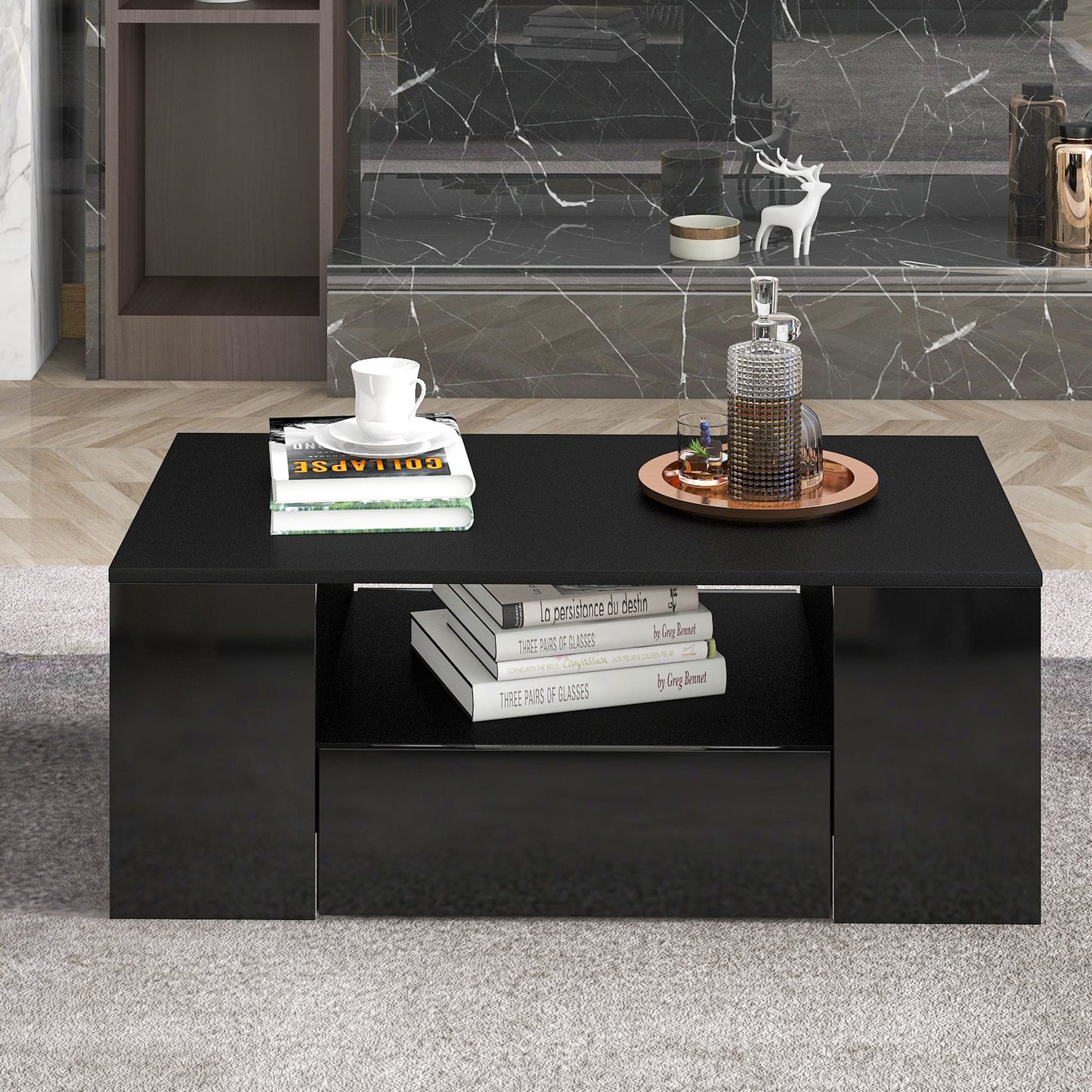 Merax High Gloss Coffee Table with LED, Modern Living Room Table with Storage Drawers, Multifunctional Side Table for Living Room, Rectangular Centre Table, Sofa Table, Coffee Table, Office, Black