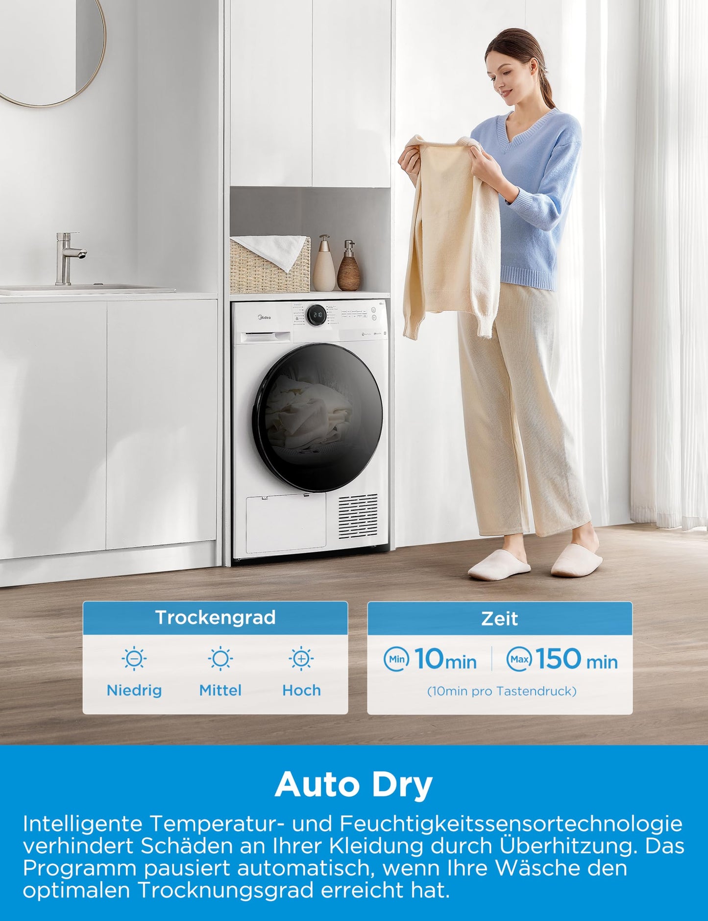 Midea MD20EH80WB-A3 Heat Pump Dryer, 8 kg, Energy Class C, UV Hygiene, Wrinkle Protection, Gentle Care, Auto Dry, Wool Care, Refreshing, Remote Control, Delay Start, White [Energy Class A+++]