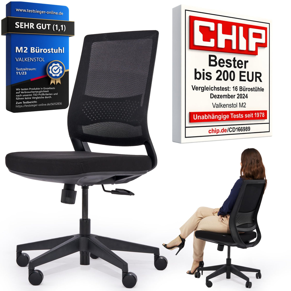 M2 Ergonomic Office Chair, Test Winner with Adjustable Armrest without Headrest for Maximum Freedom of Movement, Back-Friendly, Comfortable Desk Chair for Office and Home Office Chair