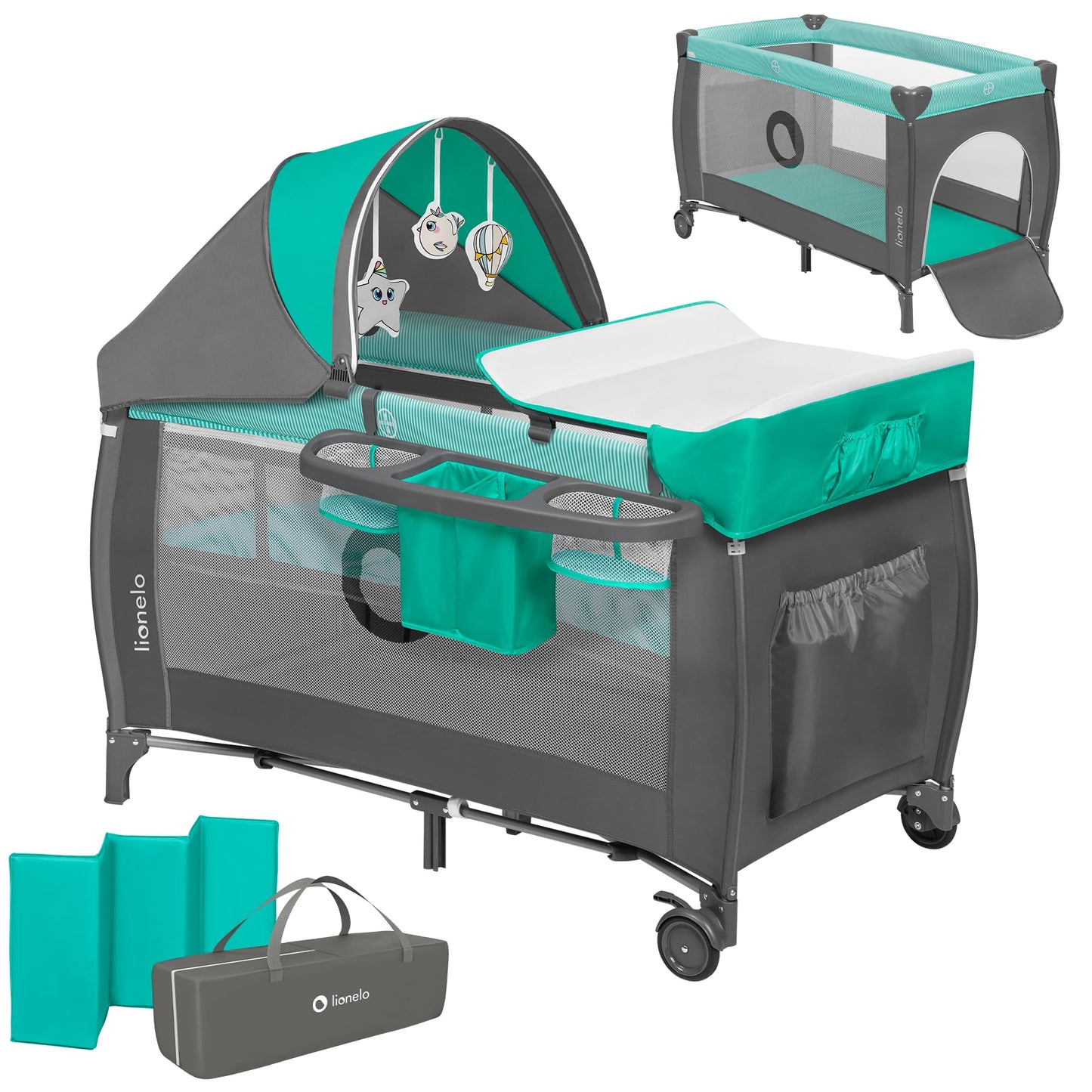 Lionelo Sven Plus 4-in-1 Baby Bed Baby from Birth to 15 kg Changing Mat Mosquito Net Airy Side Walls with Side Entrance Carry Bag Foldable