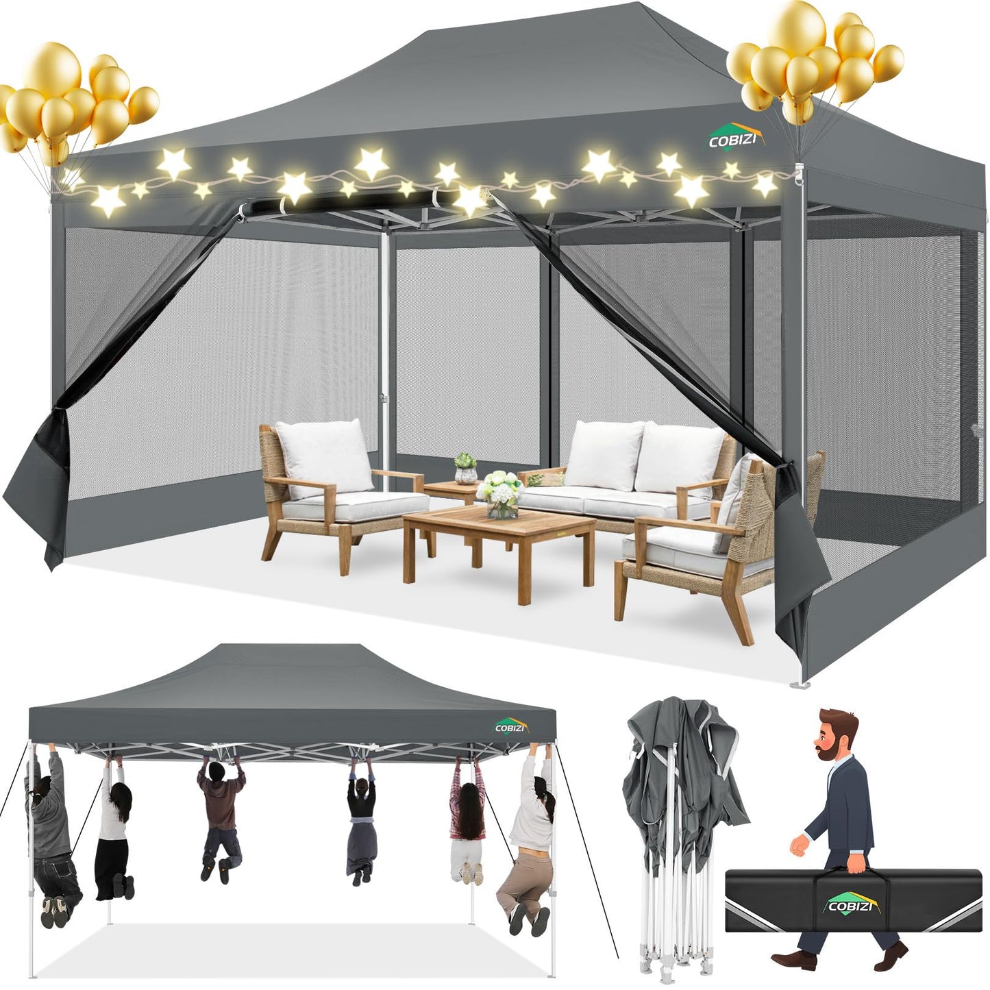 COBIZI Pavillon 3x3 Faltpavillon 3x3 Wasserdicht Stabil, Partyzelt Gartenpavillon UV-Schutz mit 4 Seitenwänden aus Mesh, Schwarz