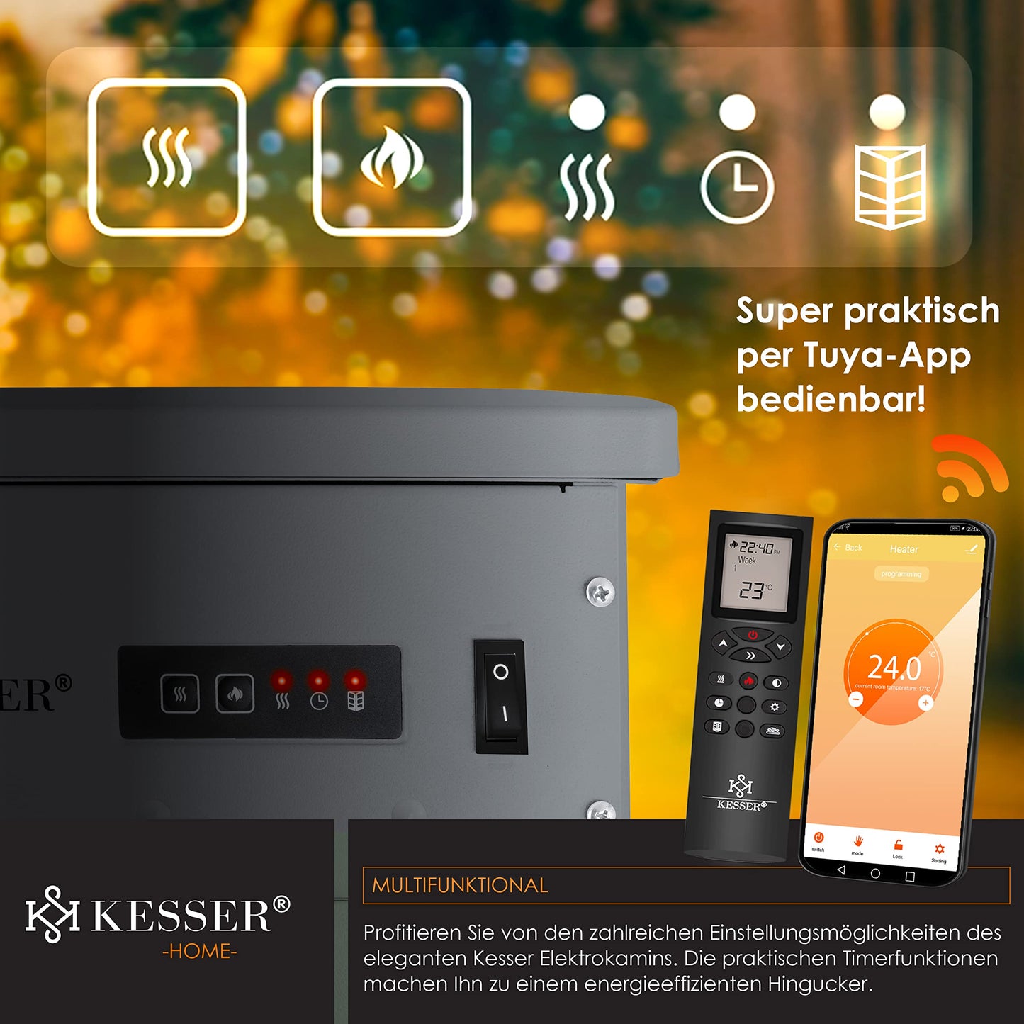 KESSER Prio Electric Fireplace Heater Fan Remote Control WiFi App 950/1900 W Fireplace Electric LED Flame Effect Fireplace Electric Thermostat Panoramic Viewing Window Heating Function Timer, Grey