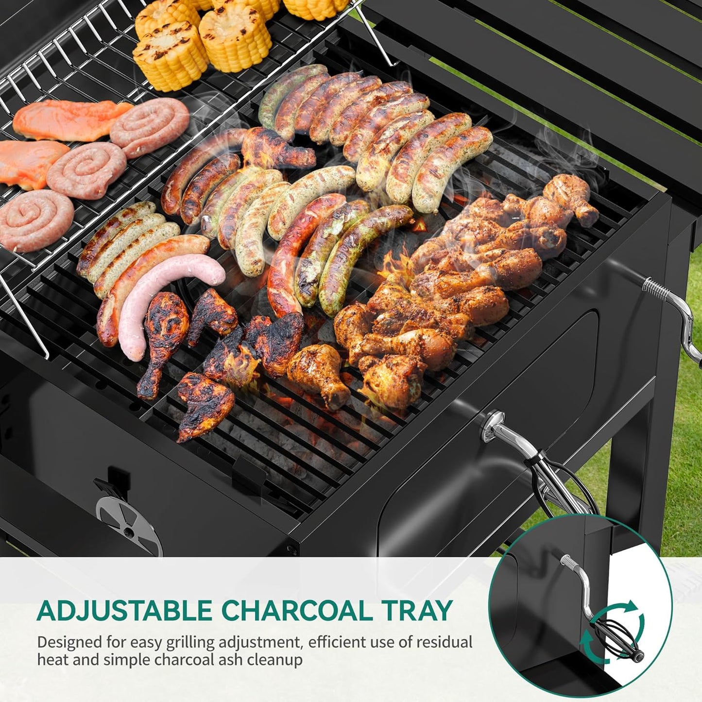 YITAHOME XXL Charcoal BBQ Smoker Grill Trolley with Deluxe Cast Iron Grate & Enamel Carbon Pan, Thermometer, Stand Grill for Party, Camping, Garden, Includes Kitchen Tongs and Glove