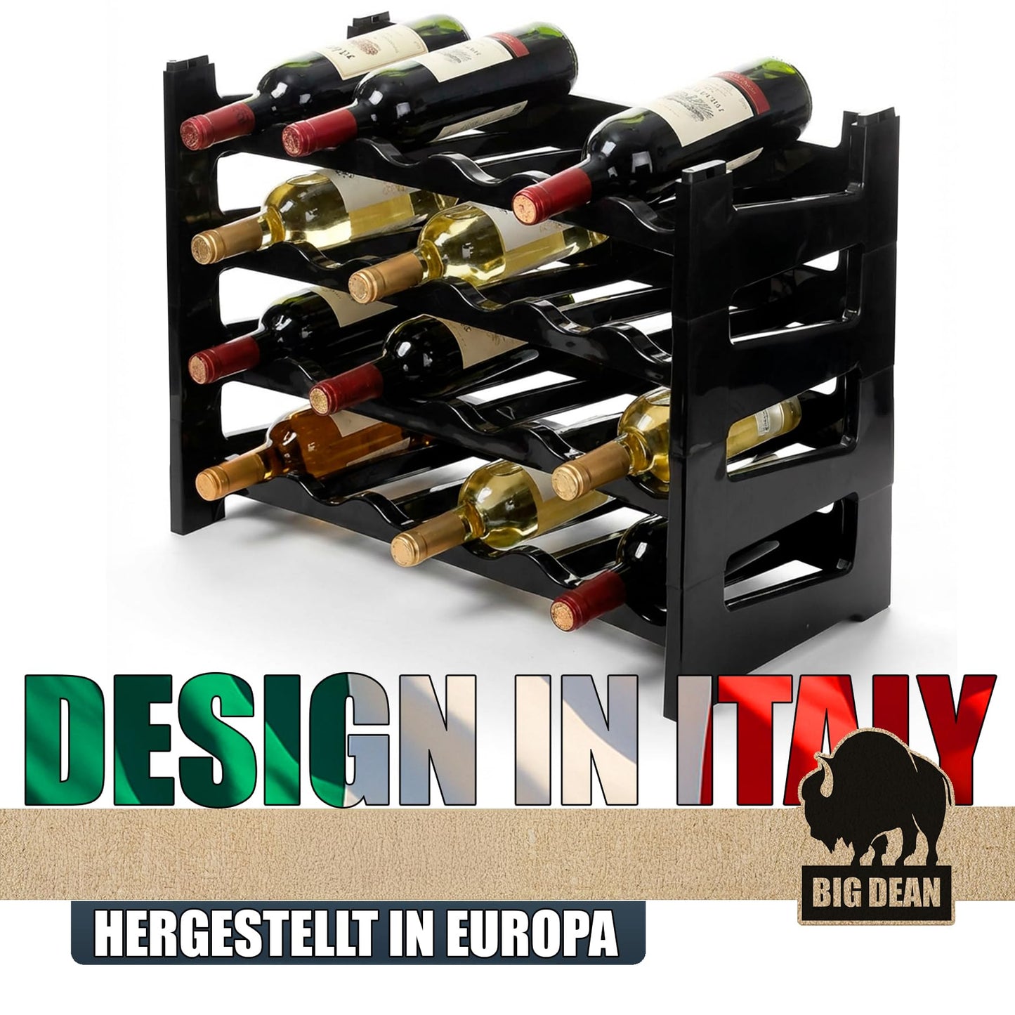 BigDean Bottle Rack Stackable for 72 Bottles Wine Rack Made of Plastic Black Drinks Rack Bottles Shelf System for Glass & PET up to 1.5 Litres