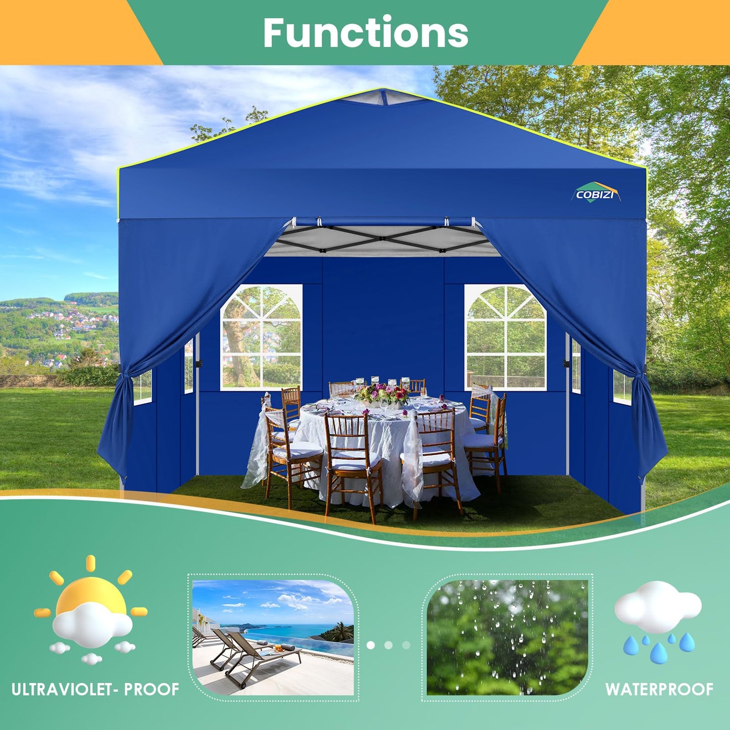COBIZI Faltpavillon 3x6 Pavillon wasserdicht Winterfest, Ein-Tasten-Zentralverriegelung Partyzelt Faltbar Anti-UV mit 6 Seitenwänden, Gartenpavillon mit Leuchtstreifen für Hochzeiten, Freien, Garten