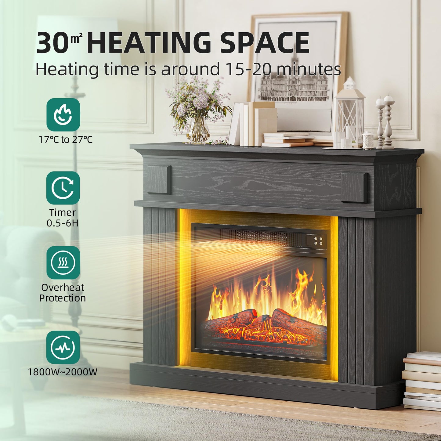 YITAHOME Electric Fireplace, 23 Inch Realistic 3D Flame Effect, Heat-Free Standing Electric Fireplace with Timer and 24-Colour LED Light Strip and Remote Control