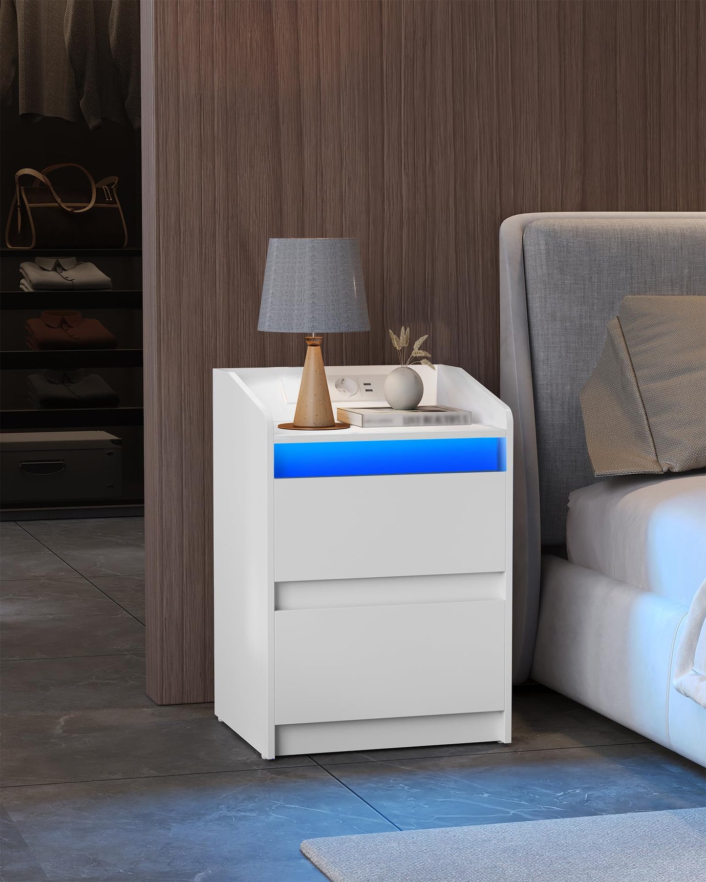 Hzuaneri Bedside Tables Set of 2 LED Lights, Charging Station and 2 Drawers, Side Table with USB Ports & Sockets, Stylish and Versatile, for Living Room and Bedroom, Black NS30104X