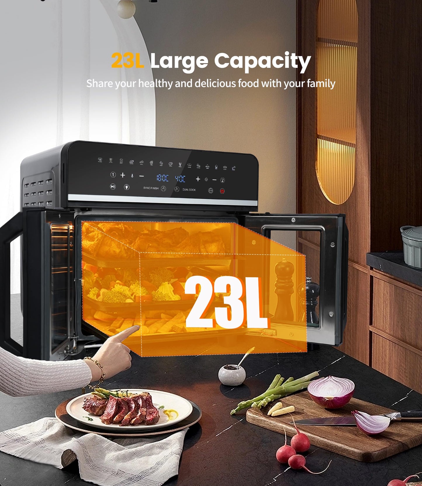 Dual Zone Hot Air Fryer, 23 L Hot Air Fryer, XXL Oven 1800 W with LED Touch Screen, 15 Programmes, with Recipe Book, 11 Accessories