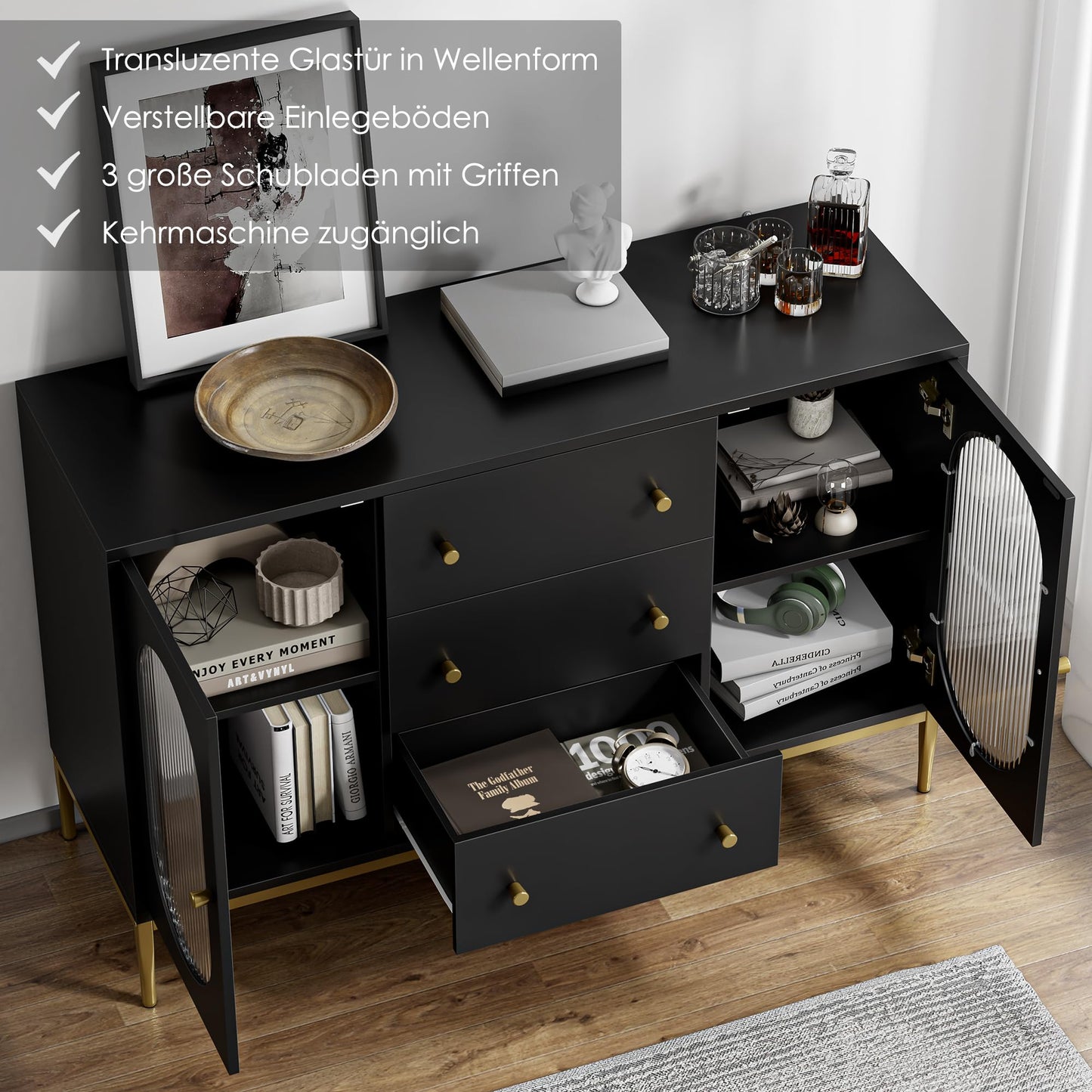 FirFurd Sideboard 120 cm Wide Kitchen Cabinet with Worktop Buffet Cabinet with 2 Glass Doors 3 Drawers Kitchen Buffet with Adjustable Shelf for Kitchen Dining Room Living Room 120 x 38 x 80 cm Black