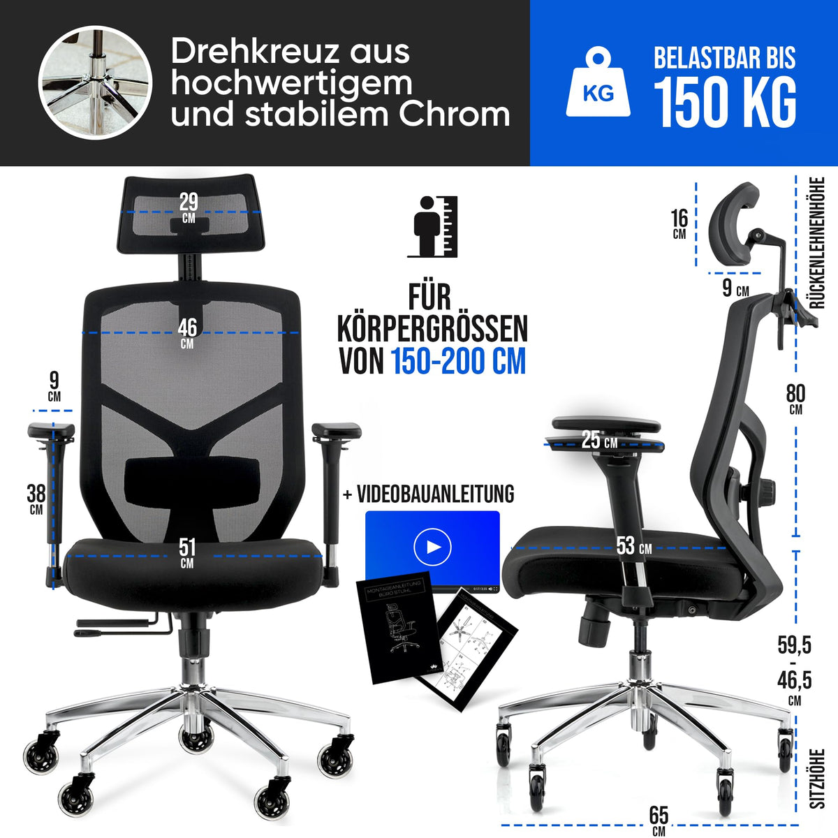 Ergonomic Office Chair [Test Winner] Scratch-Free Wheels Breathable Ergonomic Desk Chair Office Chair 150 kg Load Capacity Computer Chair Swivel Chair Home Office Chair Ergonomic