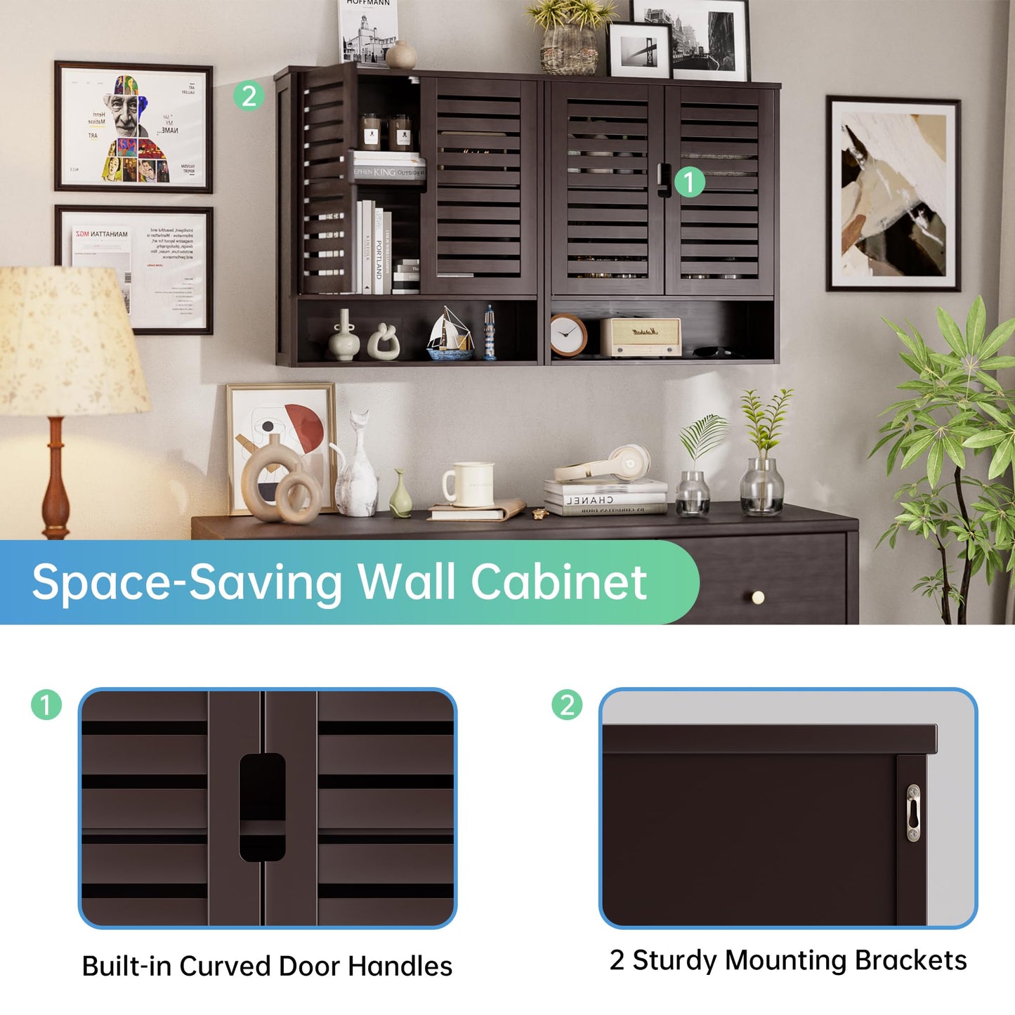 SMIBUY Bathroom Cabinet, Wall Mounted, Bamboo Over the Toilet Storage Organiser, Space Saving Medicine Cabinet with 2 Doors and Adjustable Shelves (Black)