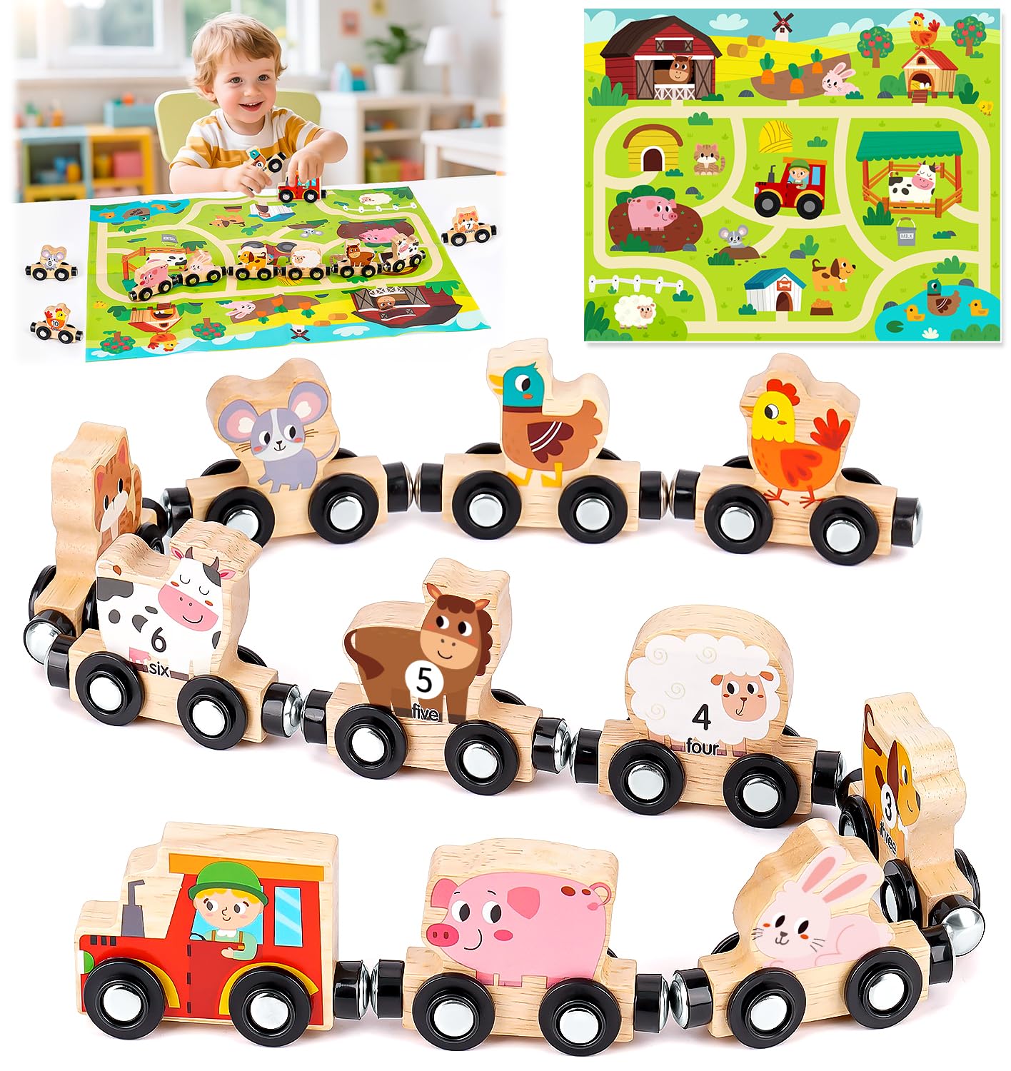 Montessori Toy from 1 2 3 Years: Magnetic Train Wooden Toy from 1 2 Years Motor Skills Toy from 1 Year, Wooden Train Children's Toy from 2-3 Years Baby Gift 1 2 3 Years Birthday Boy Girl