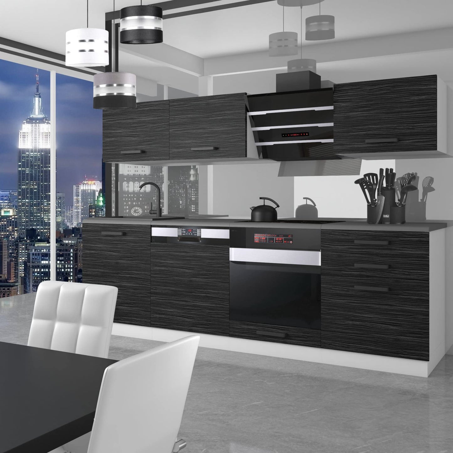 Belini Linda Kitchen Unit, Kitchen Furniture 240 cm, Fully Equipped without Electrical Appliances, with Wall Cabinets and Base Cabinets, with Worktops, Matt White
