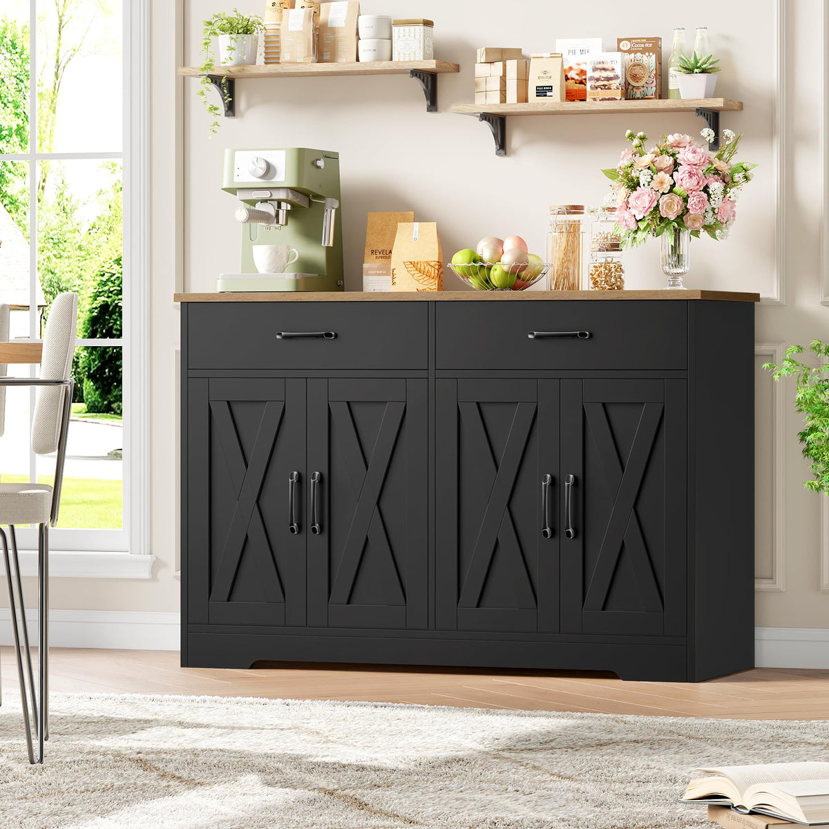 HOCSOK Sideboard, 120 cm Wide Kitchen Cabinet with Worktops, Kitchen Buffet Storage Cabinet with 2 Drawers and 4 Doors, Living Room, Kitchen, Hallway, White & Brown