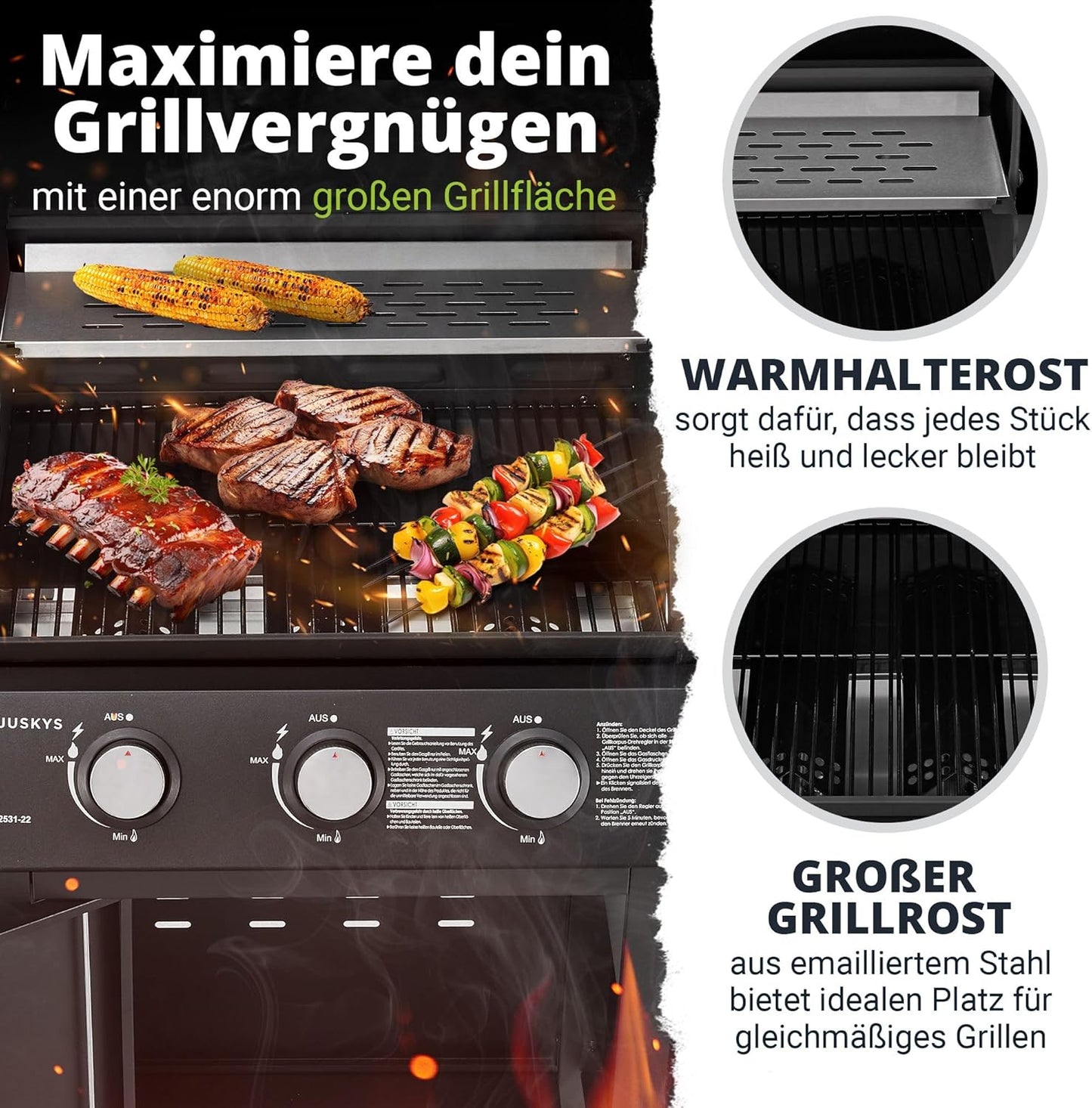 Broilcue Louisiana BBQ Gas Barbecue 3 Burners 8.1 kW Gas Grill Trolley incl. Grill Grate, Lid with Grill Thermometer, Warming Rack and Side Shelves