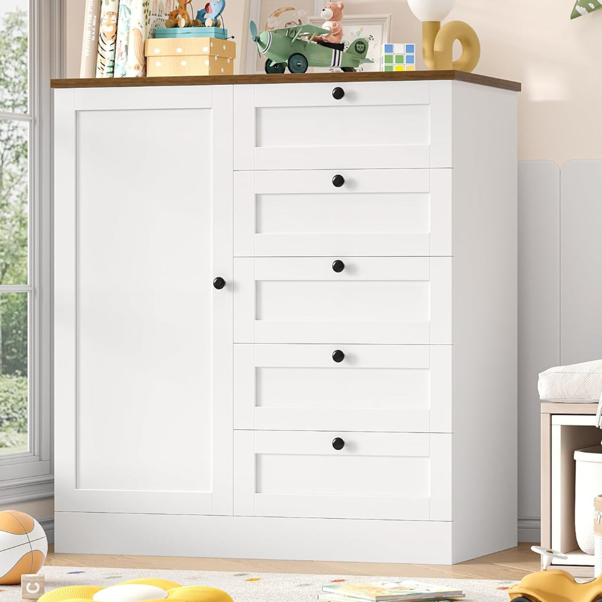 HOCSOK Sideboard, Kitchen Cabinet, Chest of Drawers, White Buffet Cabinet with 1 Door and 5 Drawers, for Kitchen, Living Room, Dining Room, 85.5 x 40 x 97 cm
