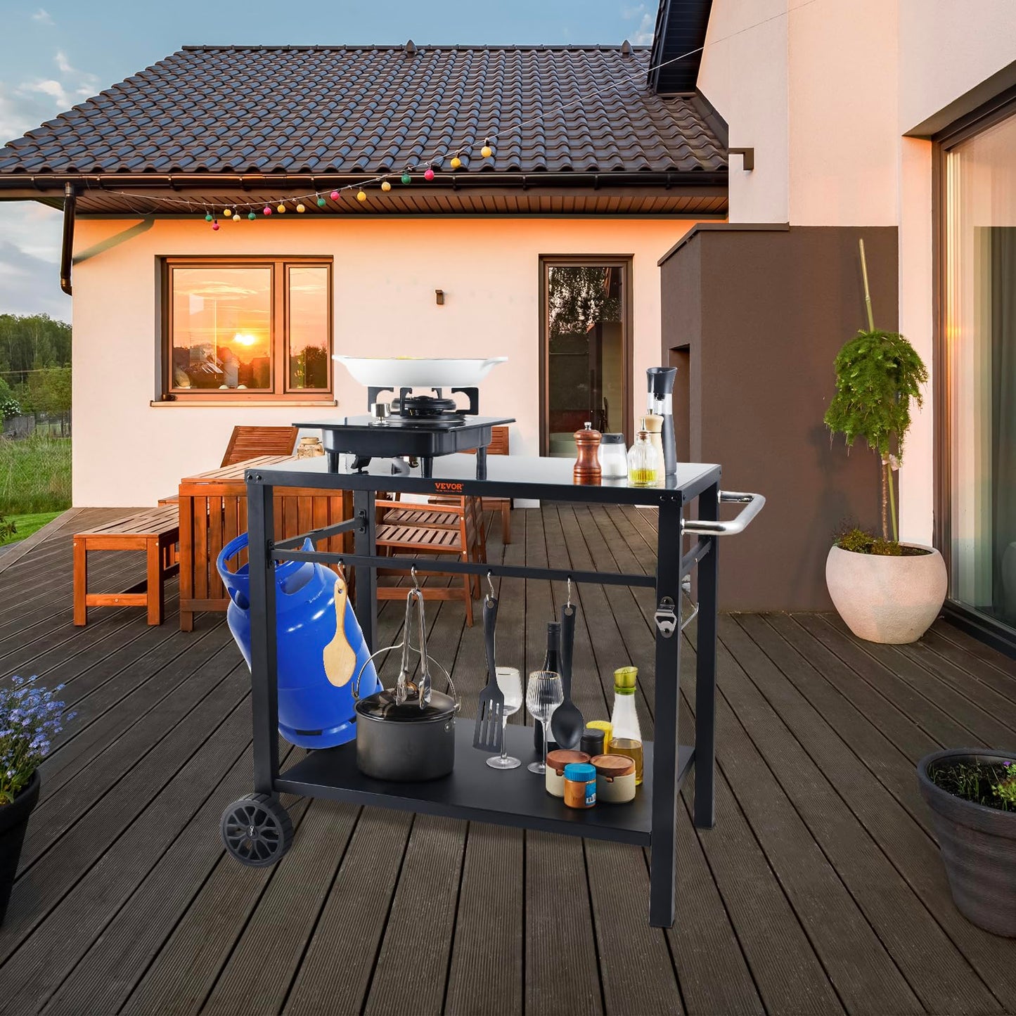 VEVOR Serving Trolley, Kitchen Trolley, 100 x 64 x 83.5 cm, Outdoor Barbecue Dining Trolley with Double Shelf, Movable Grill Table for Preparing Food, Multifunctional Iron Table Top, Black