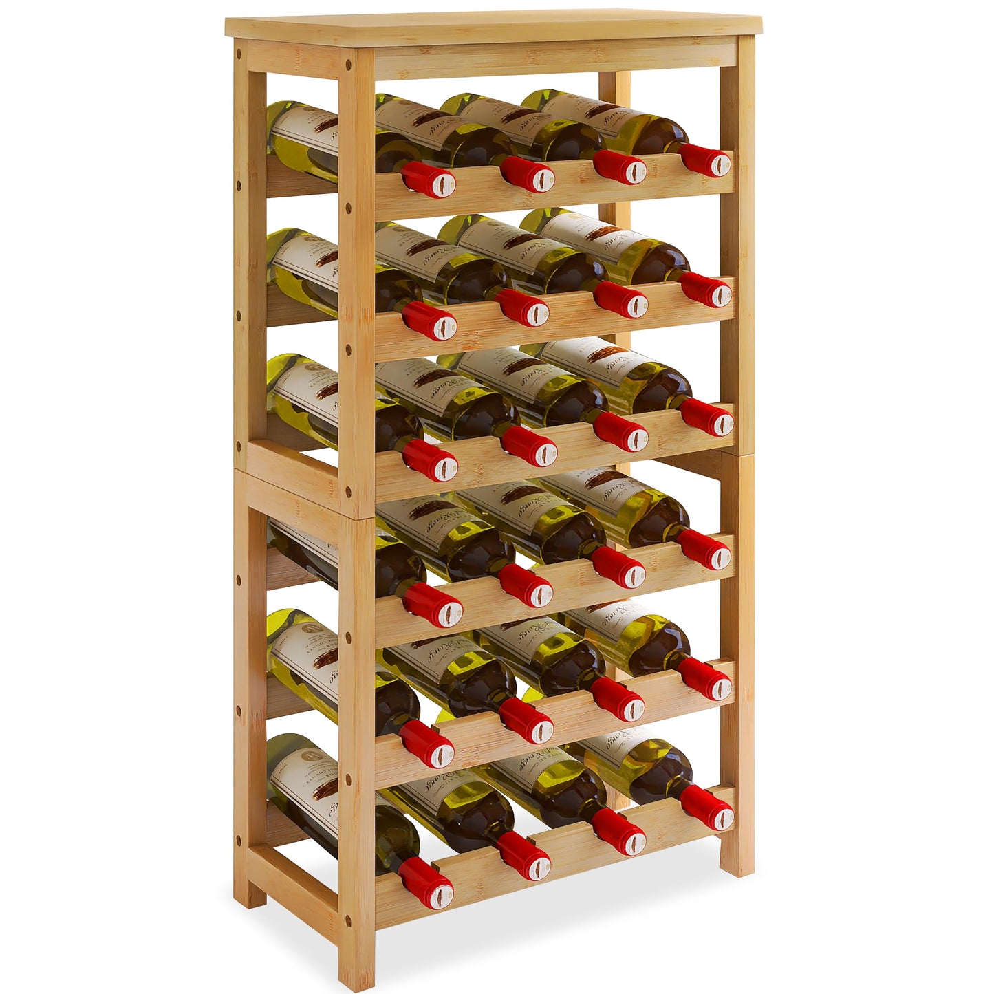 24 Bottle Wine Rack Freestanding Base, 6 Tier Wine Display Storage Shelves with Table Top, Bamboo Wine Bottle Holder Stand with Wave Bars for Kitchen, Dining Room, Pantry, Black