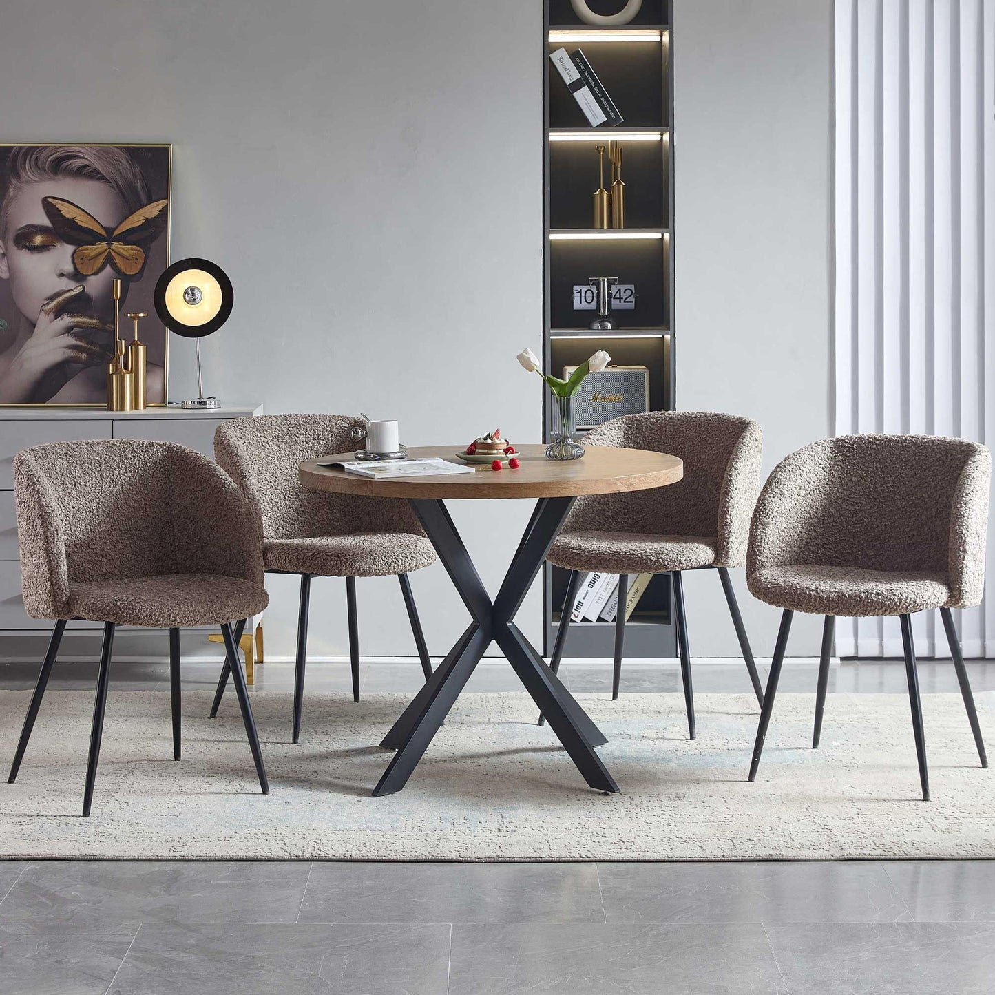 NORDICANA Esstisch mit 4 Stühlen Set, 95cm Runder Esstisch und 4 Kunstfell Loungesessel, Esszimmergruppe mit 4 Essstühlen, für Küche, Büro, Wohnzimmer, Balkon, Restaurant(Tisch+4 Braun Stühle)
