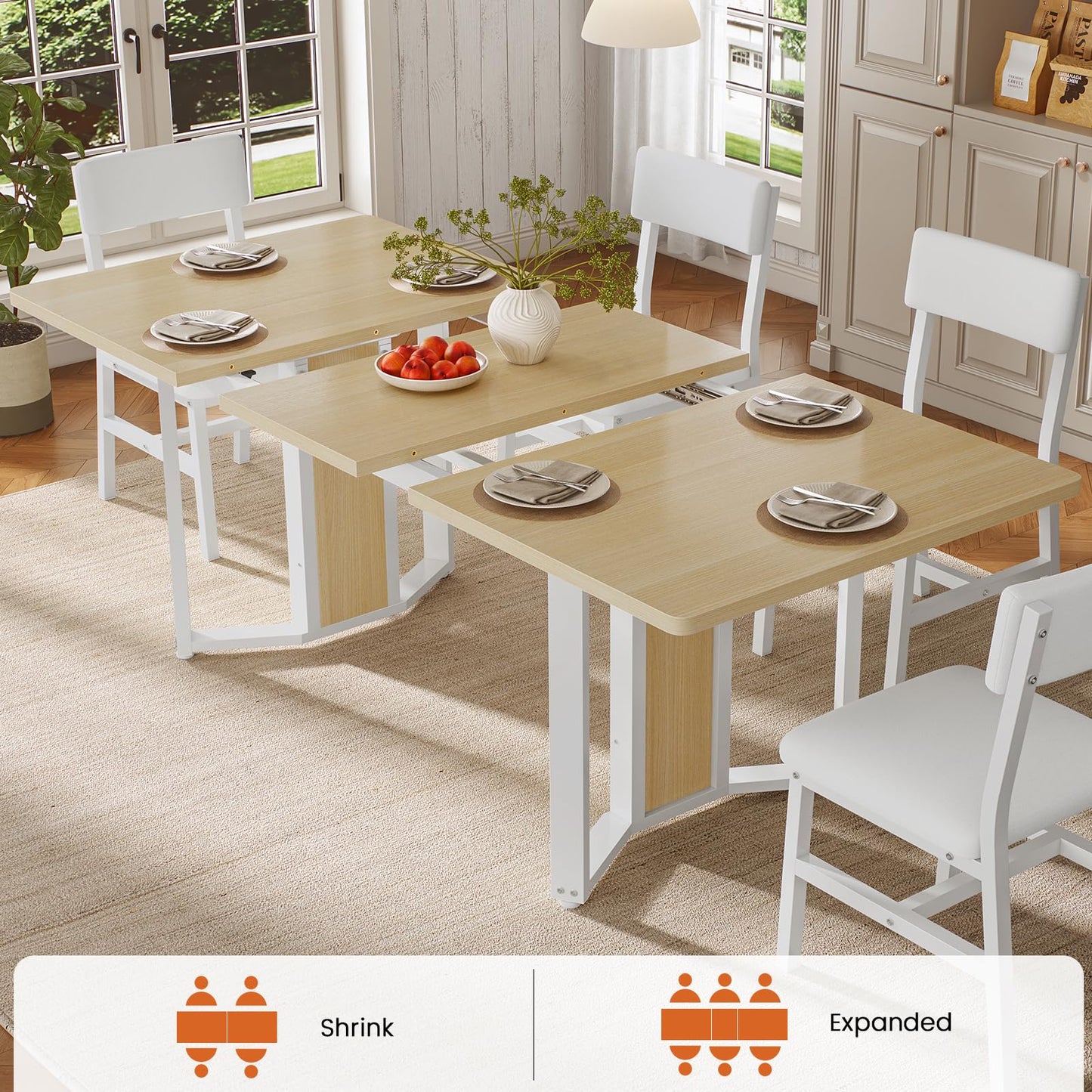 Itaar 5-Piece Dining Table Set for 4-6 People, 63" Extendable Kitchen Table and 4 Cushion Chairs, Dining Room Table with MDF Board & Metal Frame for Small Space, Easy Clean, Brown