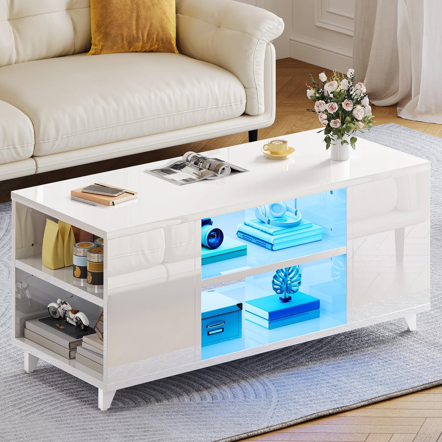 YITAHOME Coffee Table High Gloss Black Modern Living Room Table with 16-Colour LED Lighting Sofa Side Table with Adjustable Shelf 97.5 x 48 x 45 cm