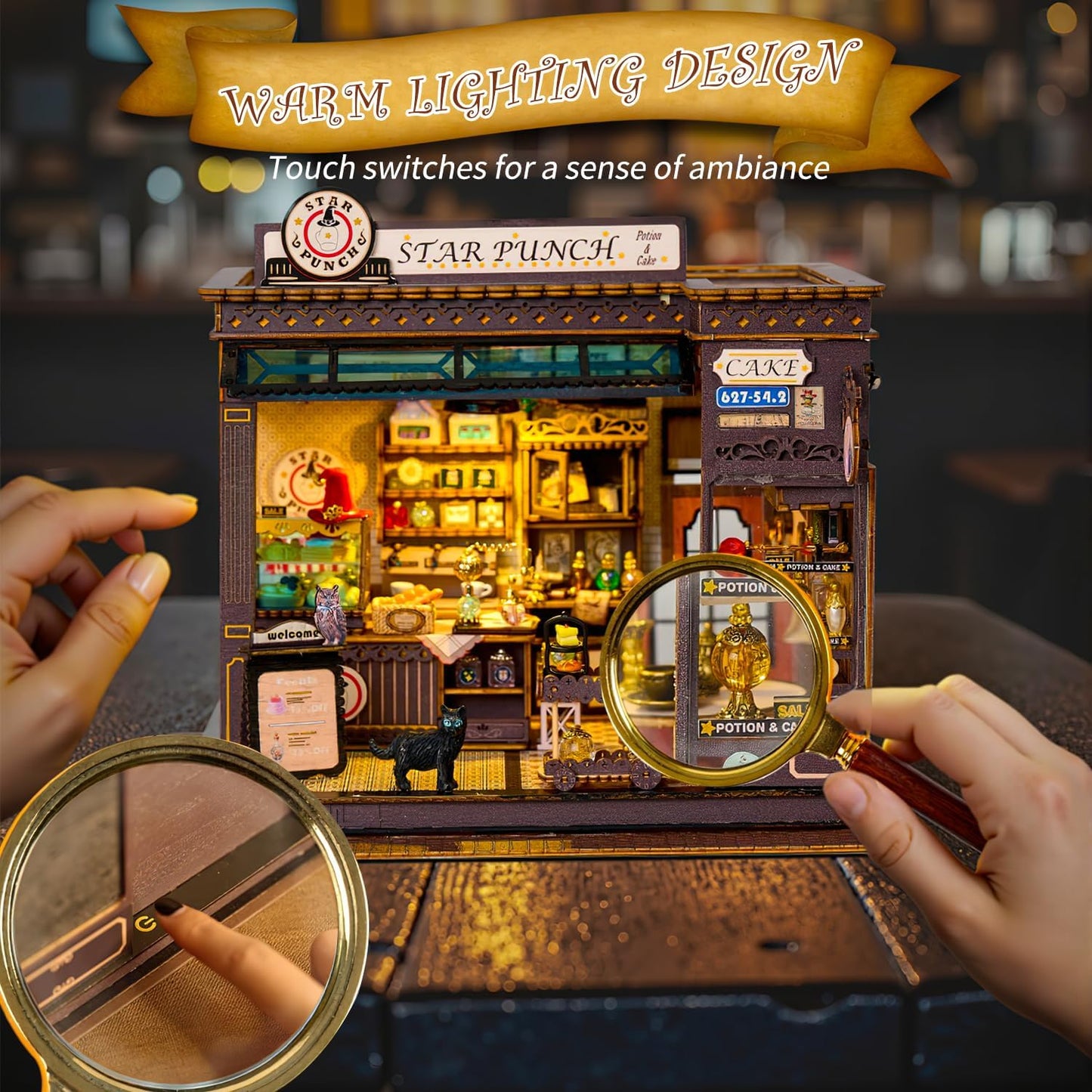 Mostop DIY Miniature Dollhouse Kit-Book Nook Kit,Holzpuppenhaus Bausatz Miniaturhaus Bausatz mit LED Licht,Miniaturhaus Bausätze für Kinder/Erwachsene Haus DIY Bausätze(Magic Coffee Shop)