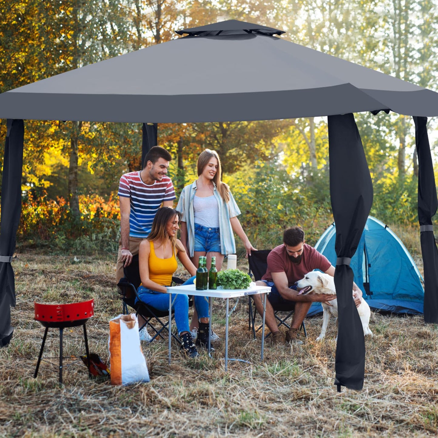 COSTWAY Gazebo 4 x 4 m, Pop-Up Folding Gazebo with Double Roof, Waterproof, Stable, UV Protection 50+, Garden Gazebo with Carry Bag on Wheels, Garden Tent for Patio, Garden (Grey)