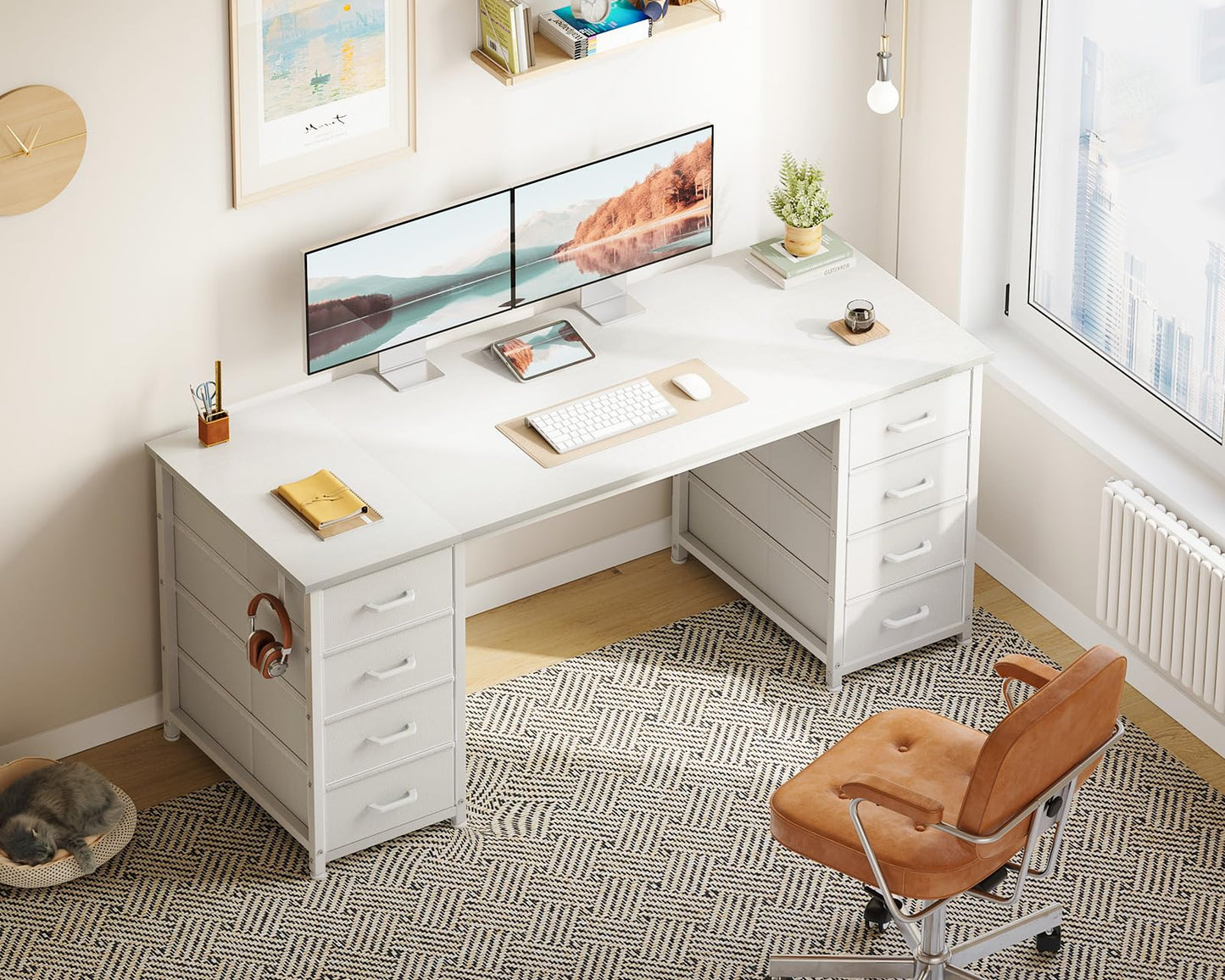 Coleshome Desk with 8 Fabric Drawers, 120 x 48 cm, Desk with Storage Space, Computer Desk with Headphones, Office Table, PC Table, Office Table for Office, Living Room, Home Office, Brown