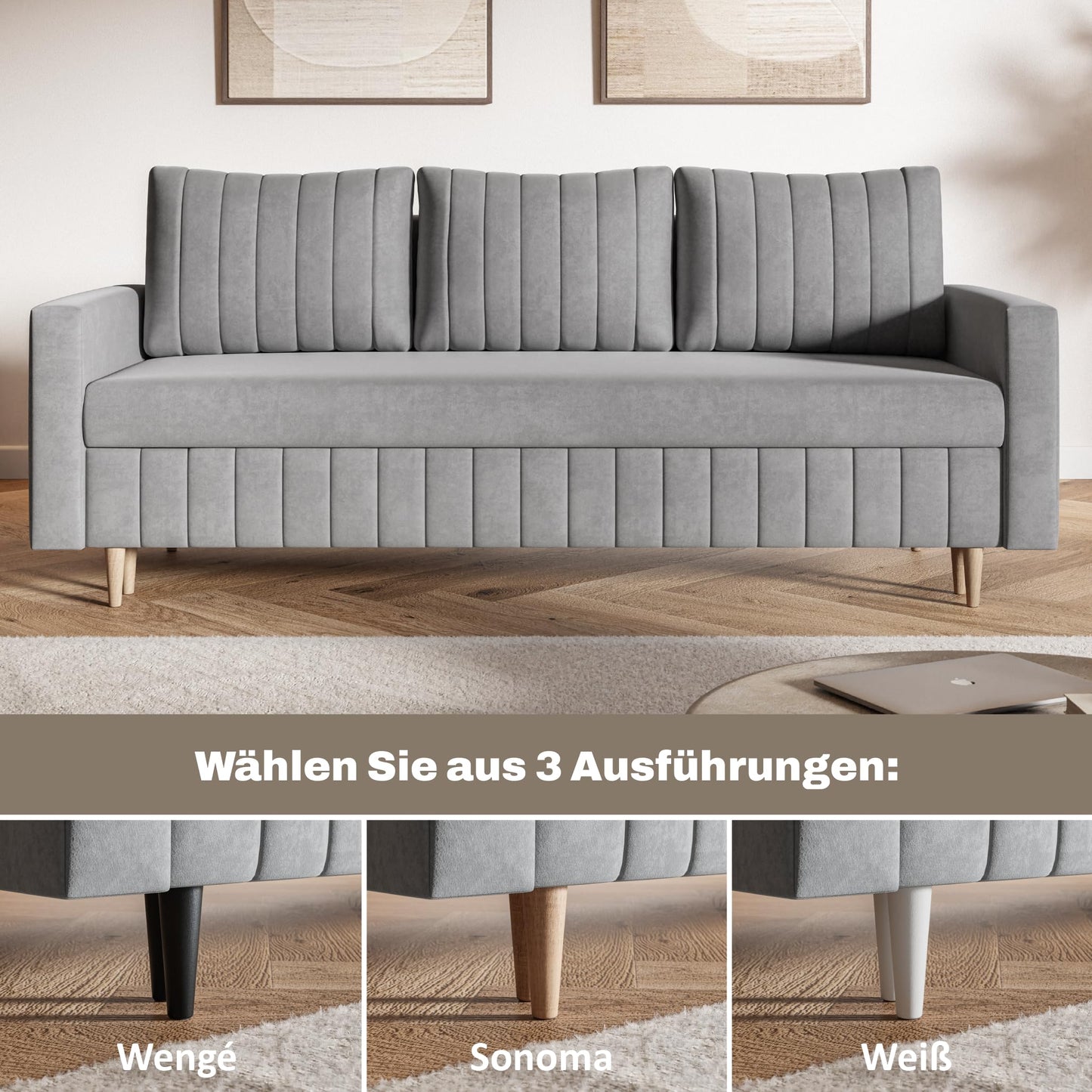 MOTIVENA Leo Sofa Set, Sofa Set 3 2 1 Living Room, Sofa 3 2 1 Set, Couch Set, Futon Set, Living Room Couch Set, Couch 3 2 1 Set, Bonell Spring Core (H4), Velvet, Grey Light Grey