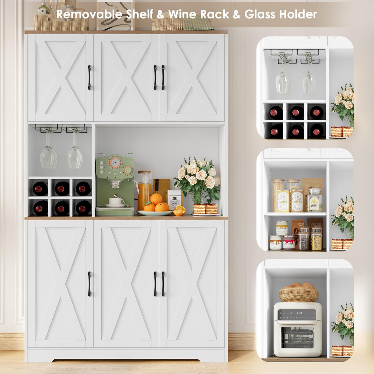 HOCSOK Kitchen Cabinet 106 x 180 cm (W x H), Buffet Cabinet, White, Sideboard with 6 Doors, Removable Bottle Holder and Removable Glass Holder, Storage Cabinet for Kitchen, Living Room, Dining Room