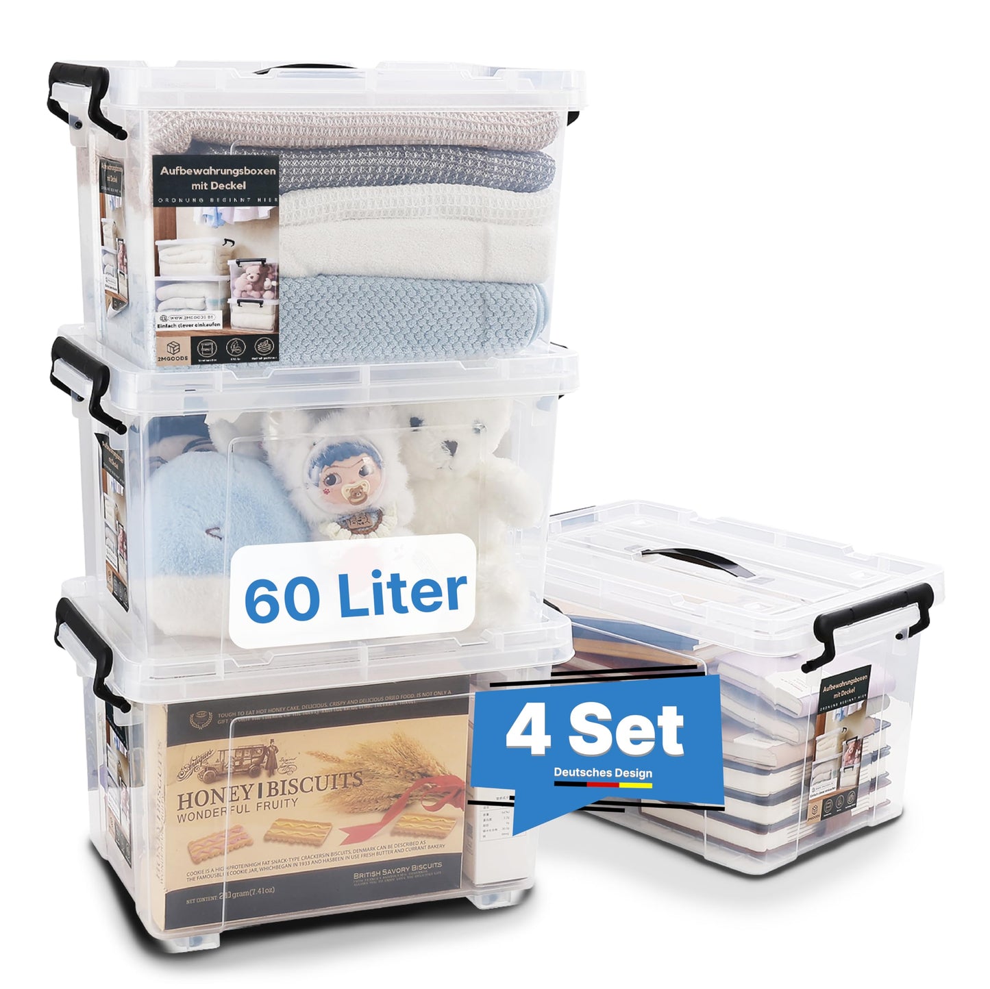 Heavy Duty Storage Boxes with Lids Dustproof Plastic Boxes Stackable BPA Free Clear Moisture Resistant Plastic Boxes for Home Basement (4 x 60L)