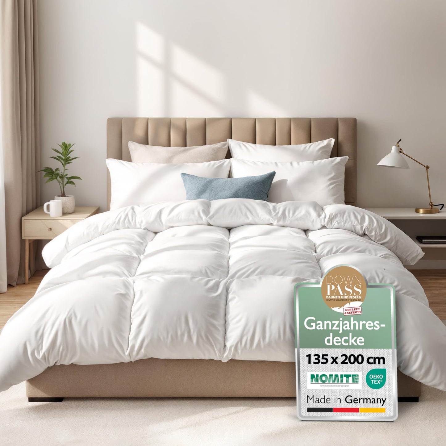 Beautissu All-Year Duvet Feather Duvet 135 x 200 cm with 100% Down and Feathers - Made in Germany - Oeko-Tex, Downpass & Nomite Certified - 100% Cotton Cover Down Duvet 135 x 200 cm Washable - GF