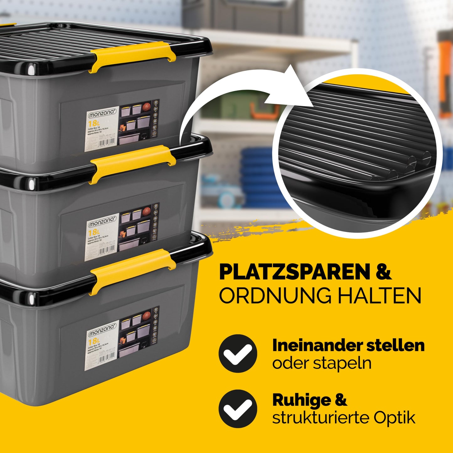 Monzana 4 x Storage Boxes 40 L with Lid 40 kg Load Capacity Plastic BPA Free Click Closure Stable Flexible Stackable Opaque Cellar Garage Box