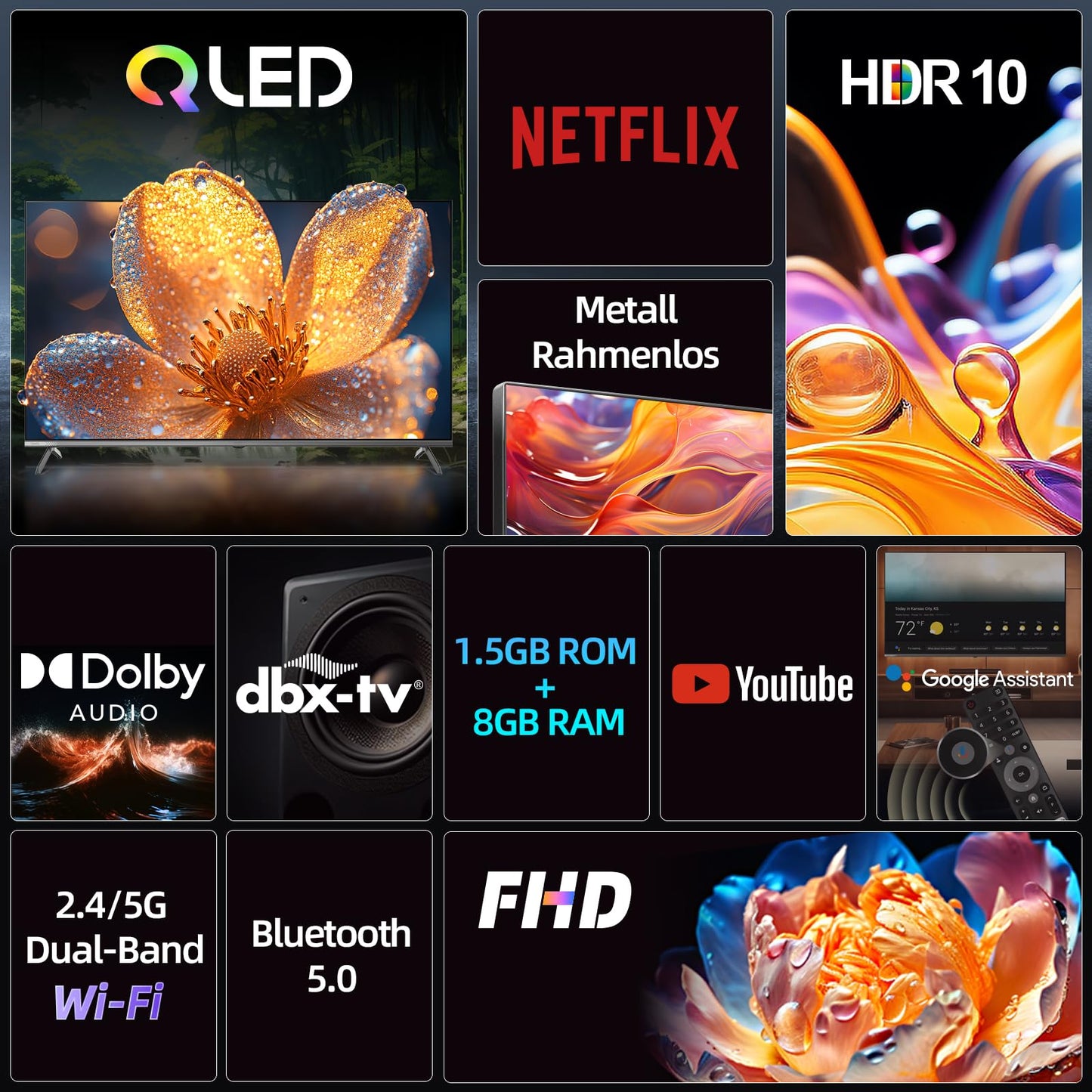 CHIQ L40FT 40 Zoll, Full HD, (100 cm) Smart Fernseher, HDR10, Dolby Audio & DBX-tv, Triple Tuner DVB-C/T2/S2, Integrierter Chromecast, Metall Randlos Design