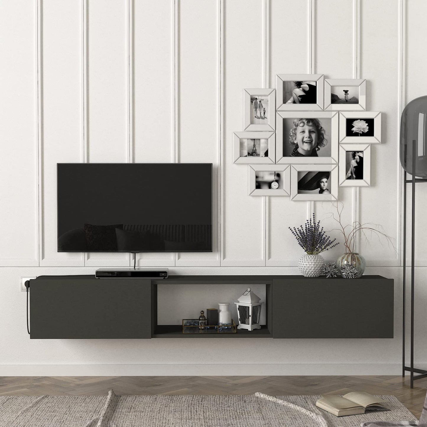 [en.casa] Paltamo TV Lowboard TV Cabinet Hanging TV Cabinet 180 x 31 x 30 cm TV Board with 3 Compartments Anthracite